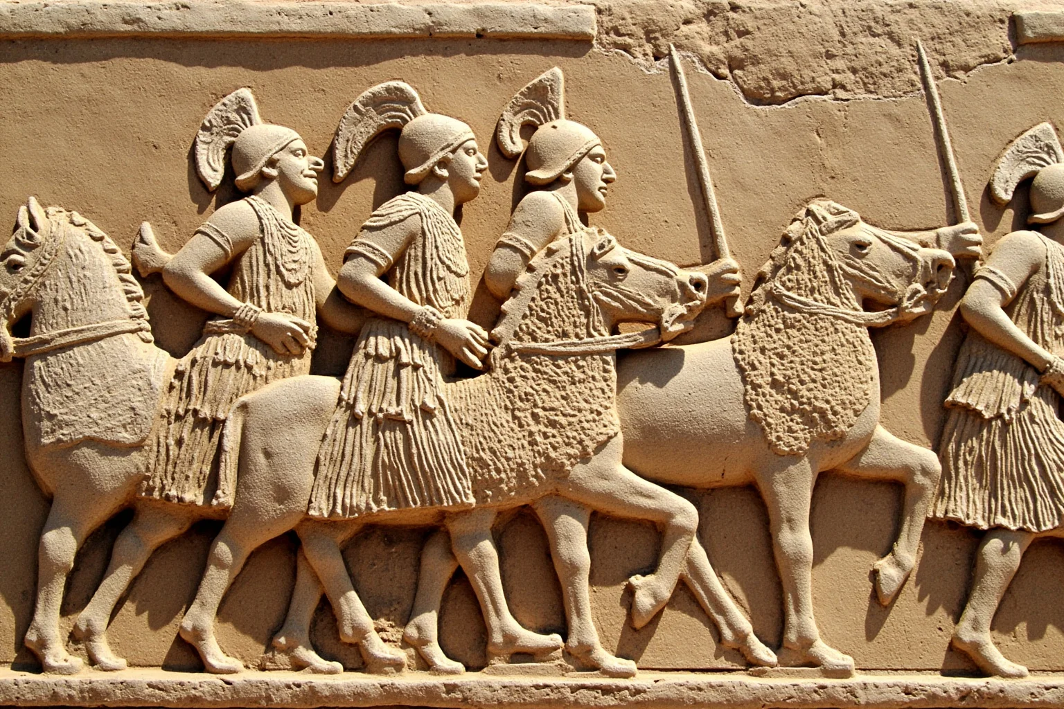 Stone relief-style illustration of armored Assyrian soldiers marching with iron weapons and chariots
