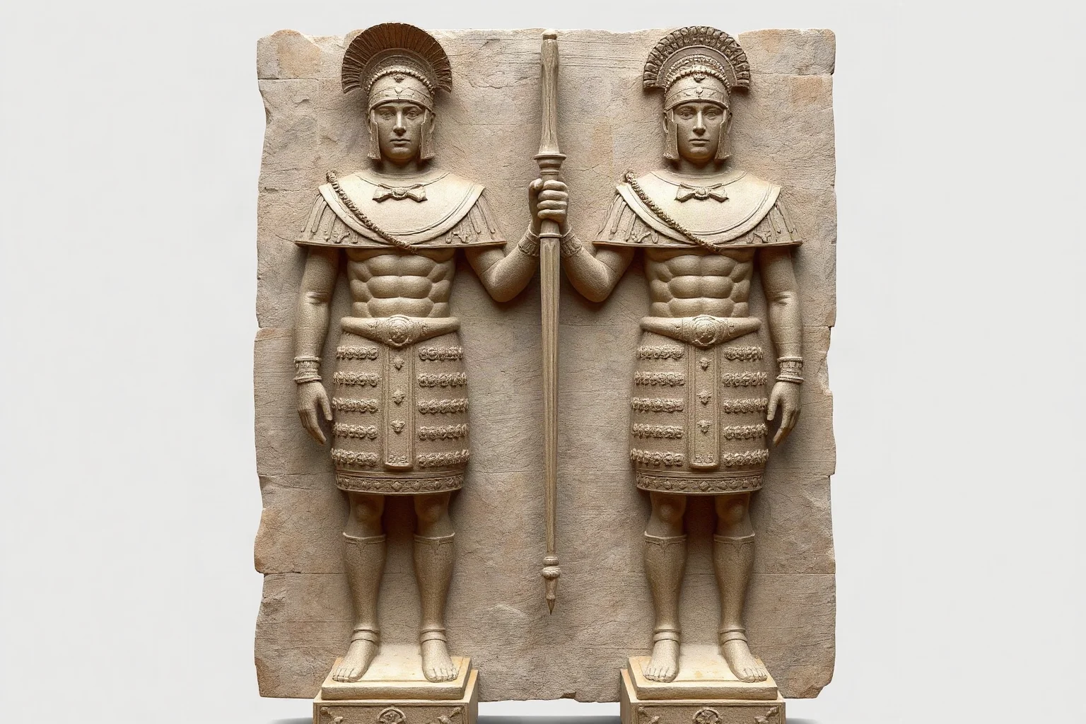 Stone relief style illustration representing the dual kings of Sparta standing side by side in ceremonial armor