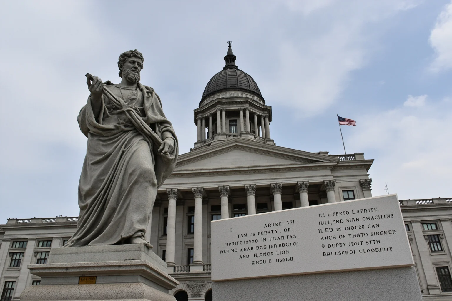 Stone statue in a toga standing before the Virginia state capitol building, engraved Latin motto on a plaque nearby