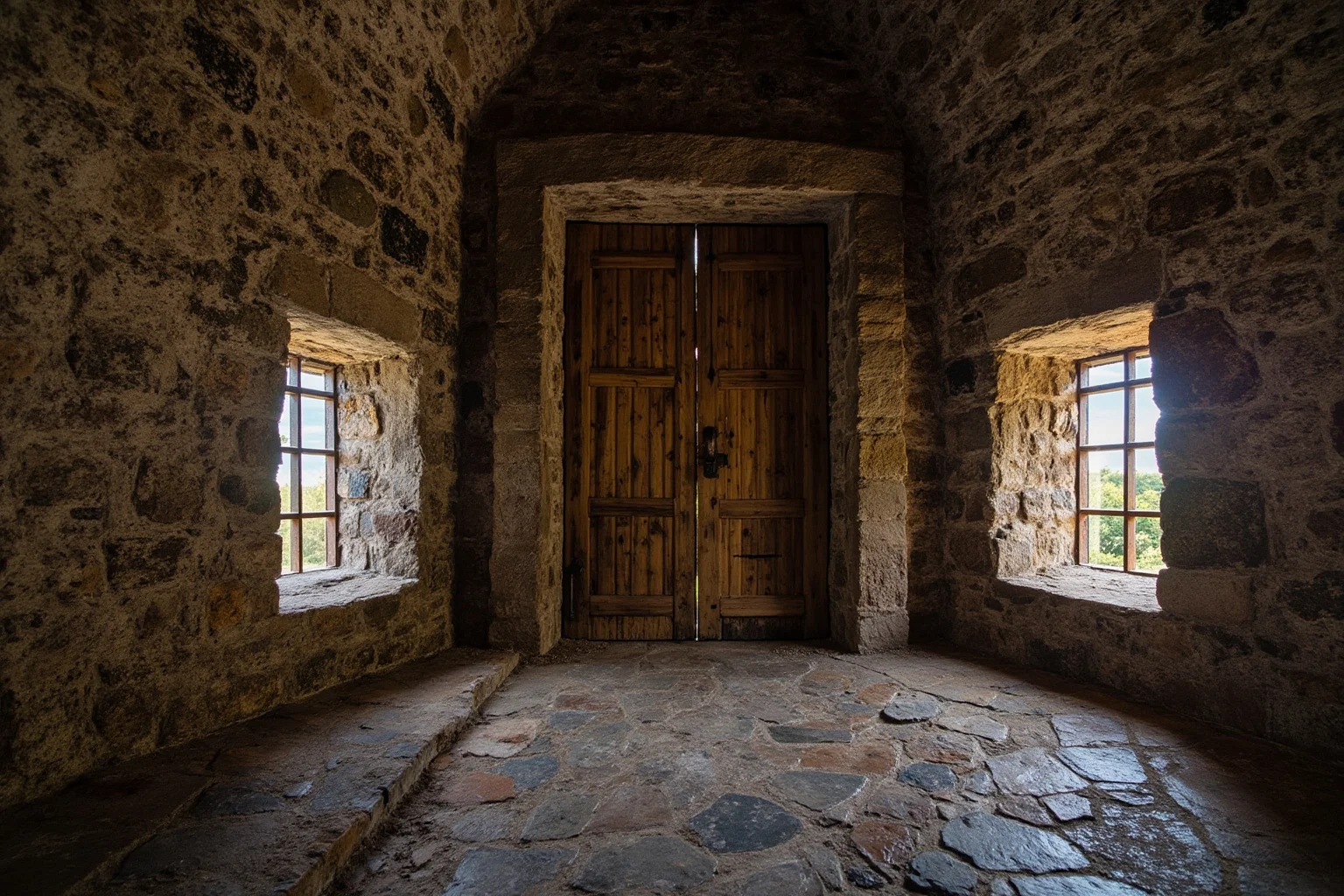 Stone tower interior with heavy oak door and barred windows, suggesting a royal dungeon or imprisonment chamber