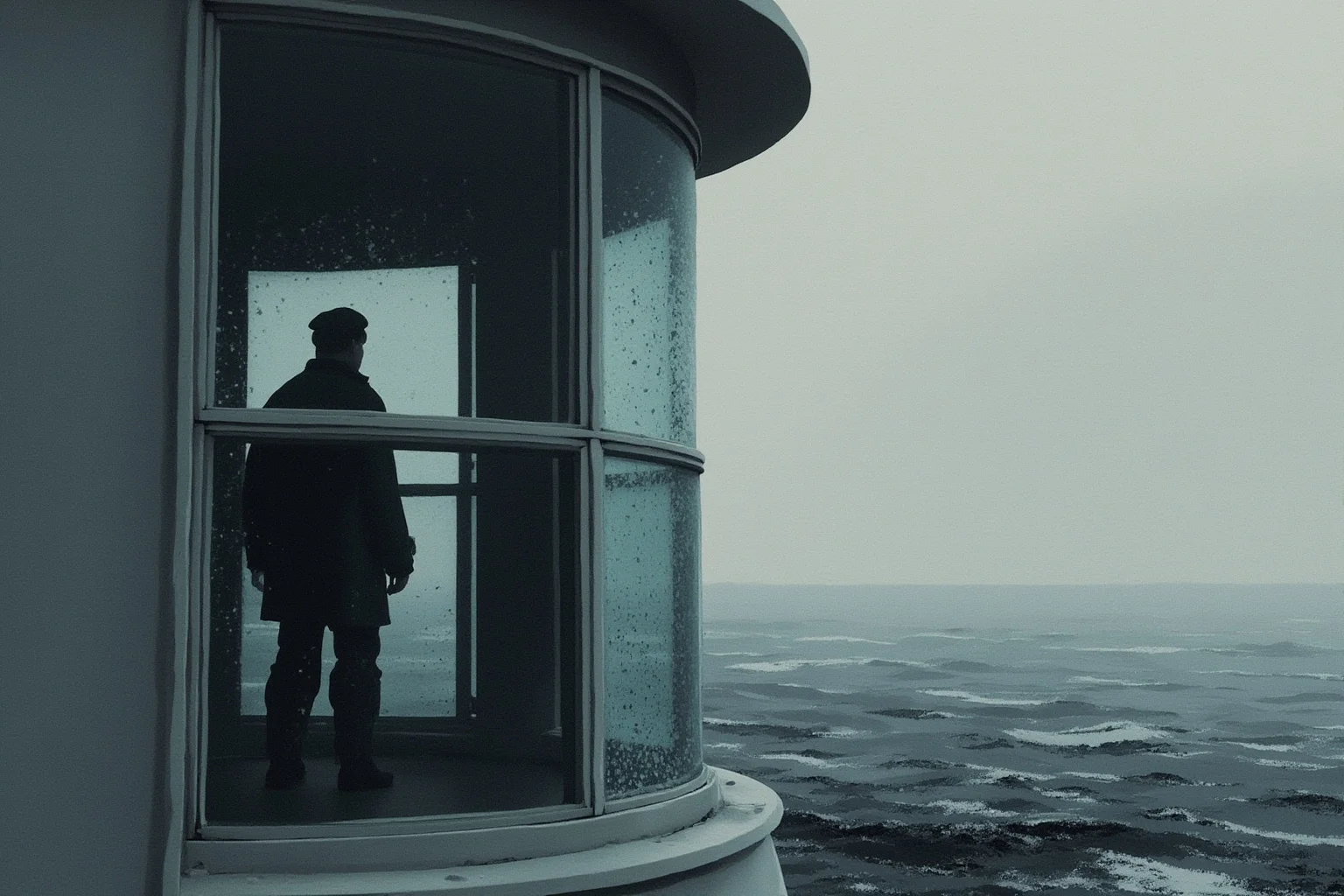 Strange History: Why Lighthouse Keepers Went Mad (Or Did They?) 2 A lone lighthouse keeper standing at a frosted lantern room window, looking out at an empty grey sea, moody watercolor illustration