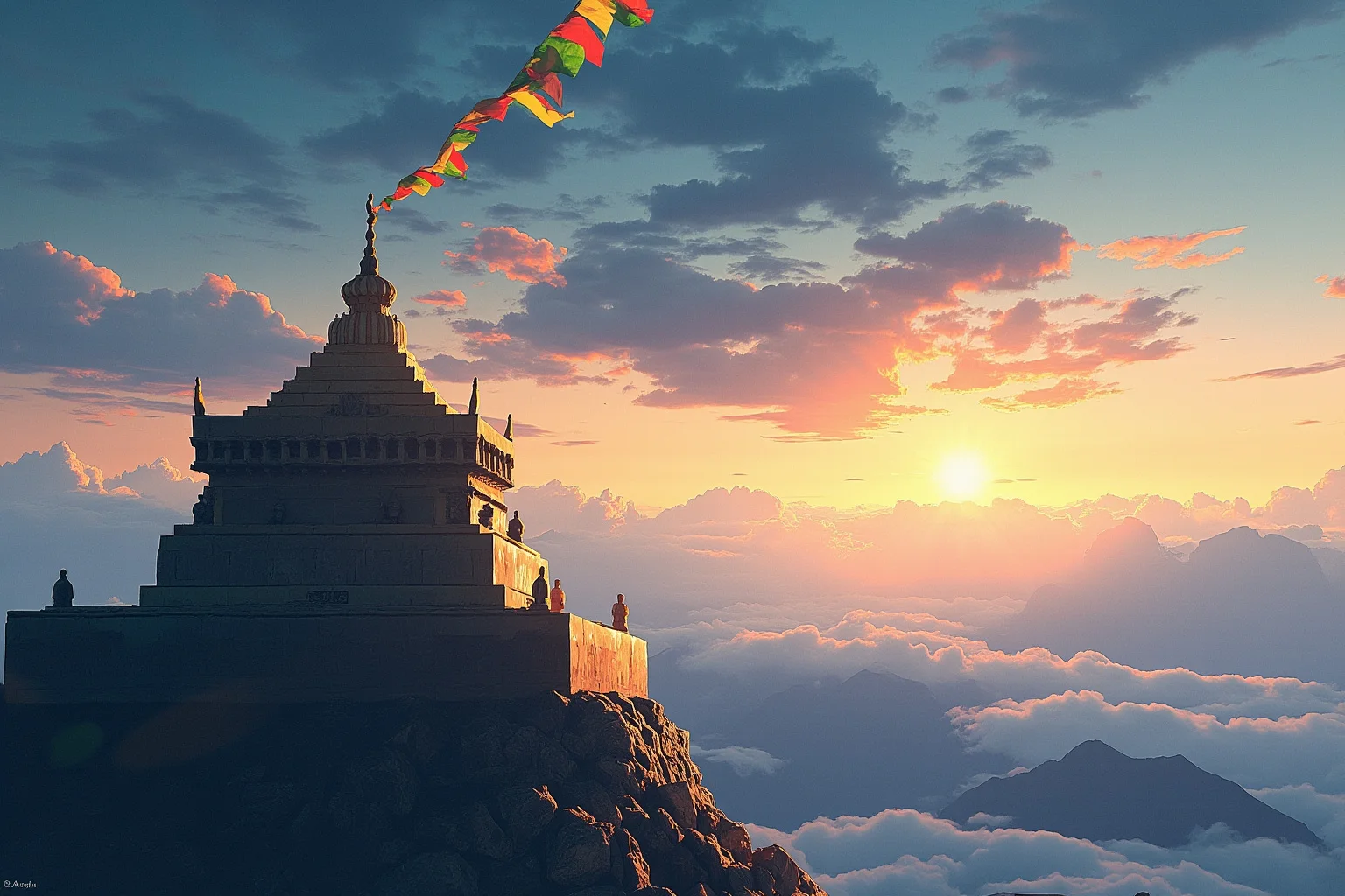 Illustration of a Tibetan mountaintop sky burial platform at dawn with prayer flags fluttering nearby, respectful and non-graphic style