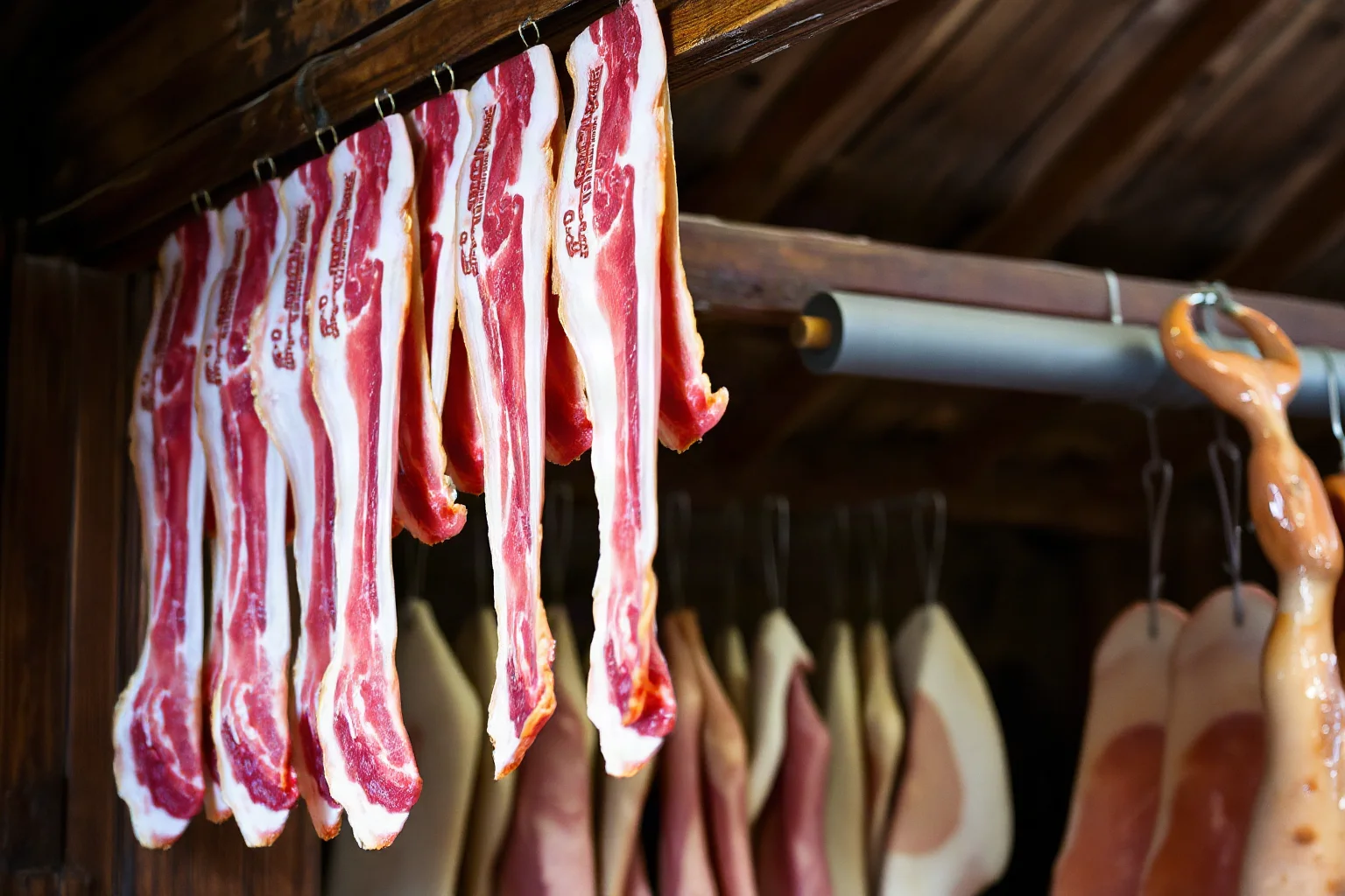 Strips of cured bacon and salt pork hanging from wooden beams in a medieval smokehouse