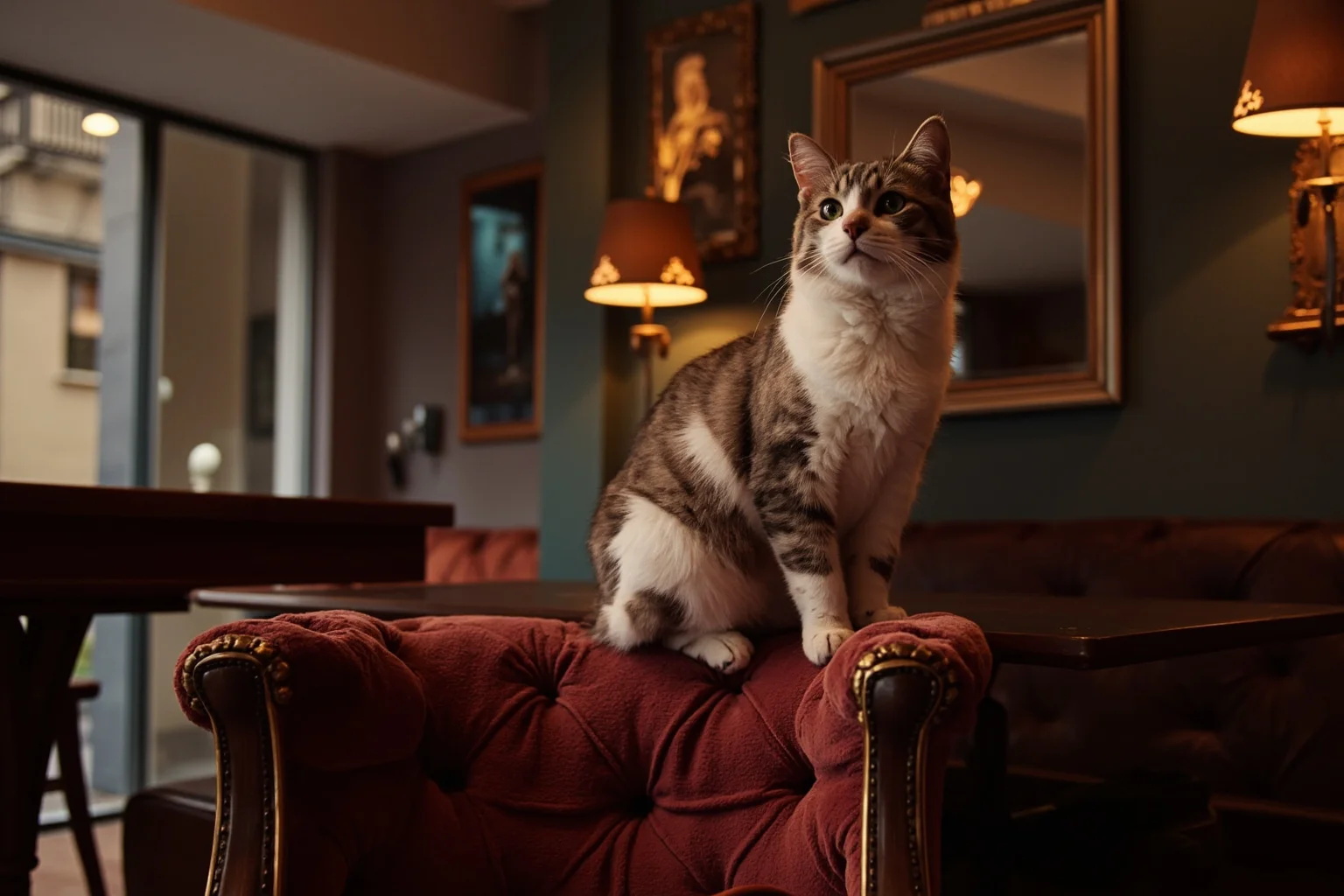 Stylish 1930s Parisian salon interior with art deco decor and a sleek cat sitting on a velvet chair