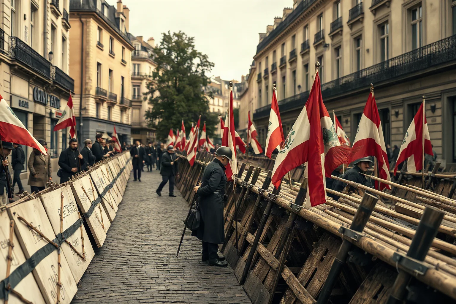 Stylized 19th-century Parisian barricade scene with revolutionary flags in a cobblestone street