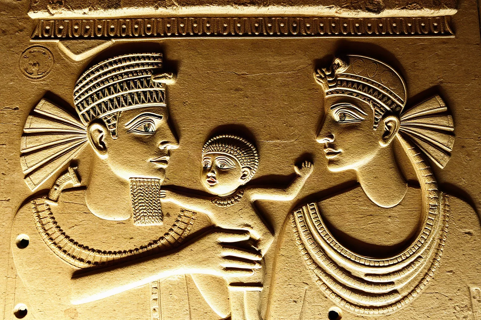 Stylized ancient Egyptian family portrait relief carving of a royal father, mother, and child