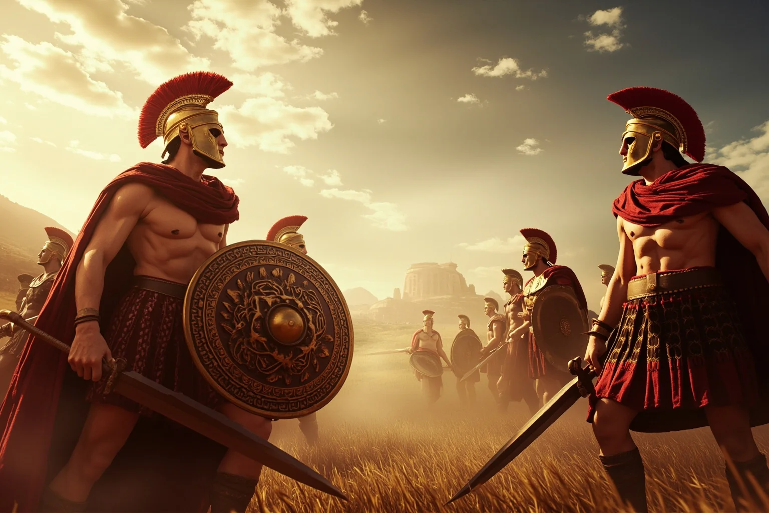 26 of History's Most Famous Rivalries 3 Stylized ancient Greek hoplites from Athens and Sparta standing on opposite sides of a battlefield