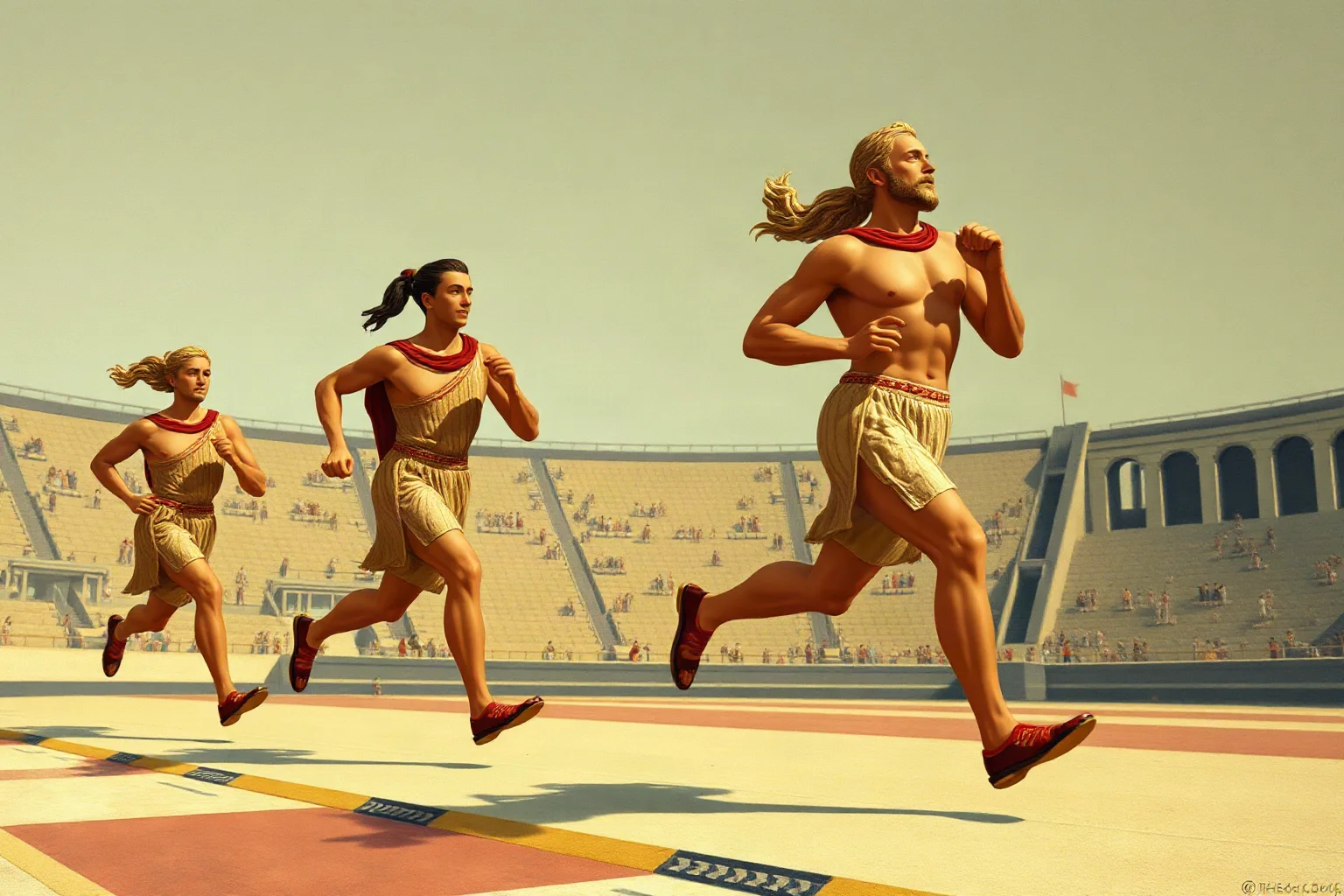 Stylized ancient Greek runners mid-stride at a stadium, painted in the style of classical pottery art