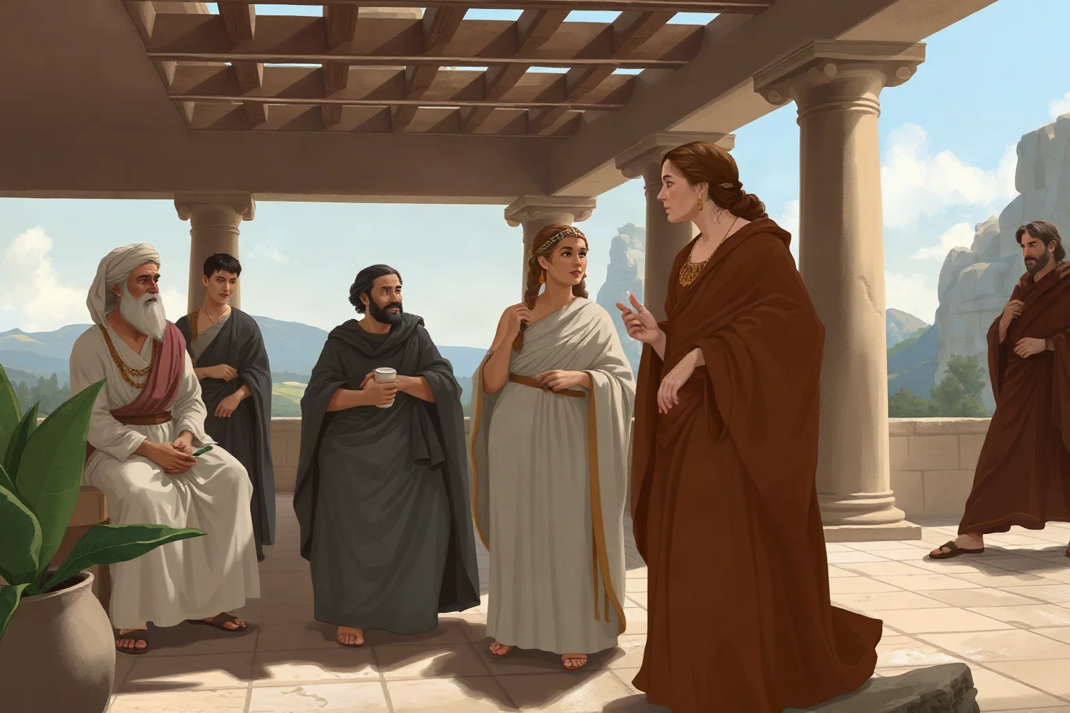 Stylized ancient Greek woman in flowing robes conversing with philosophers in an open-air stoa, painterly historical illustration