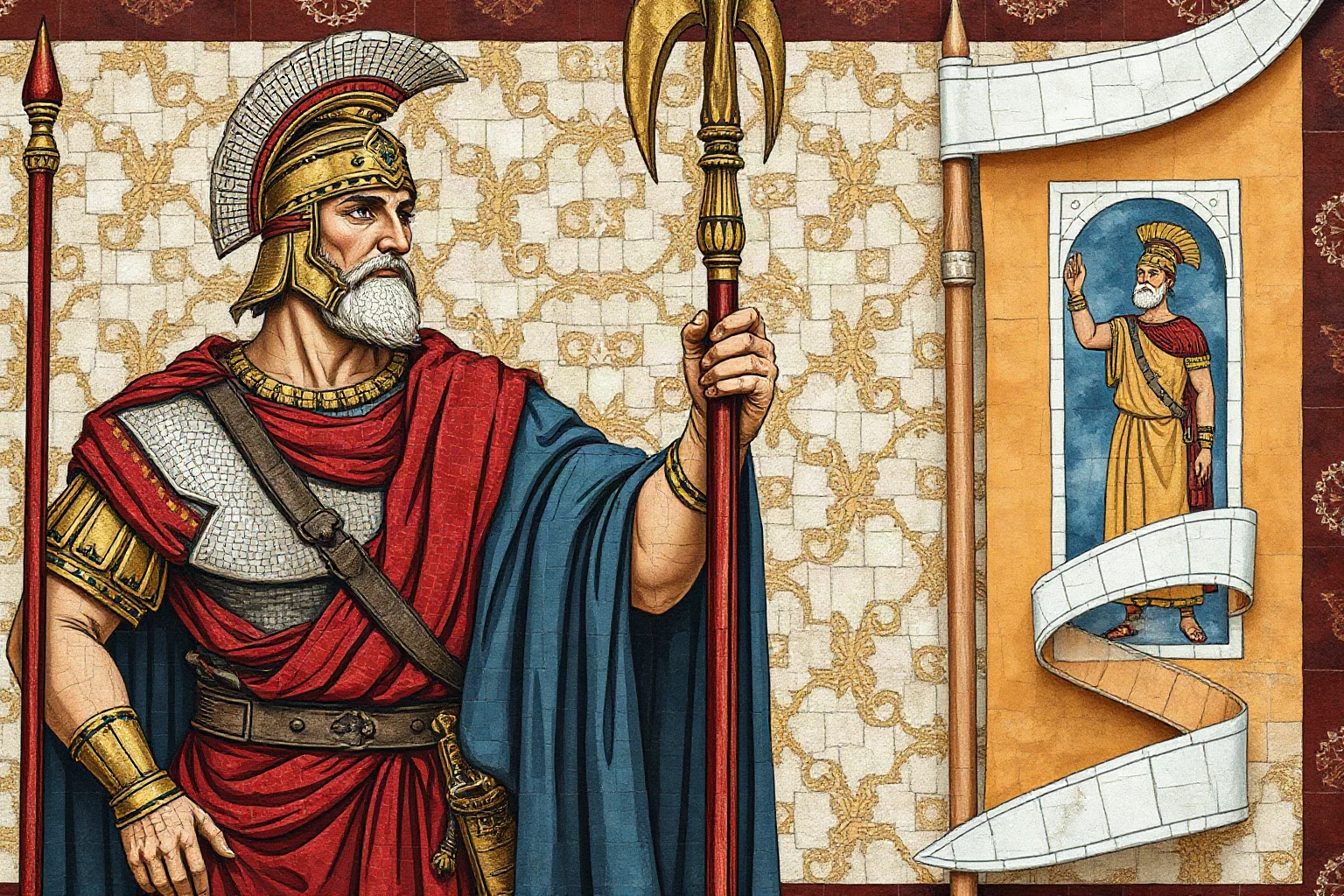 Stylized ancient mosaic-style illustration of a Macedonian military leader and his close companion in ancient dress