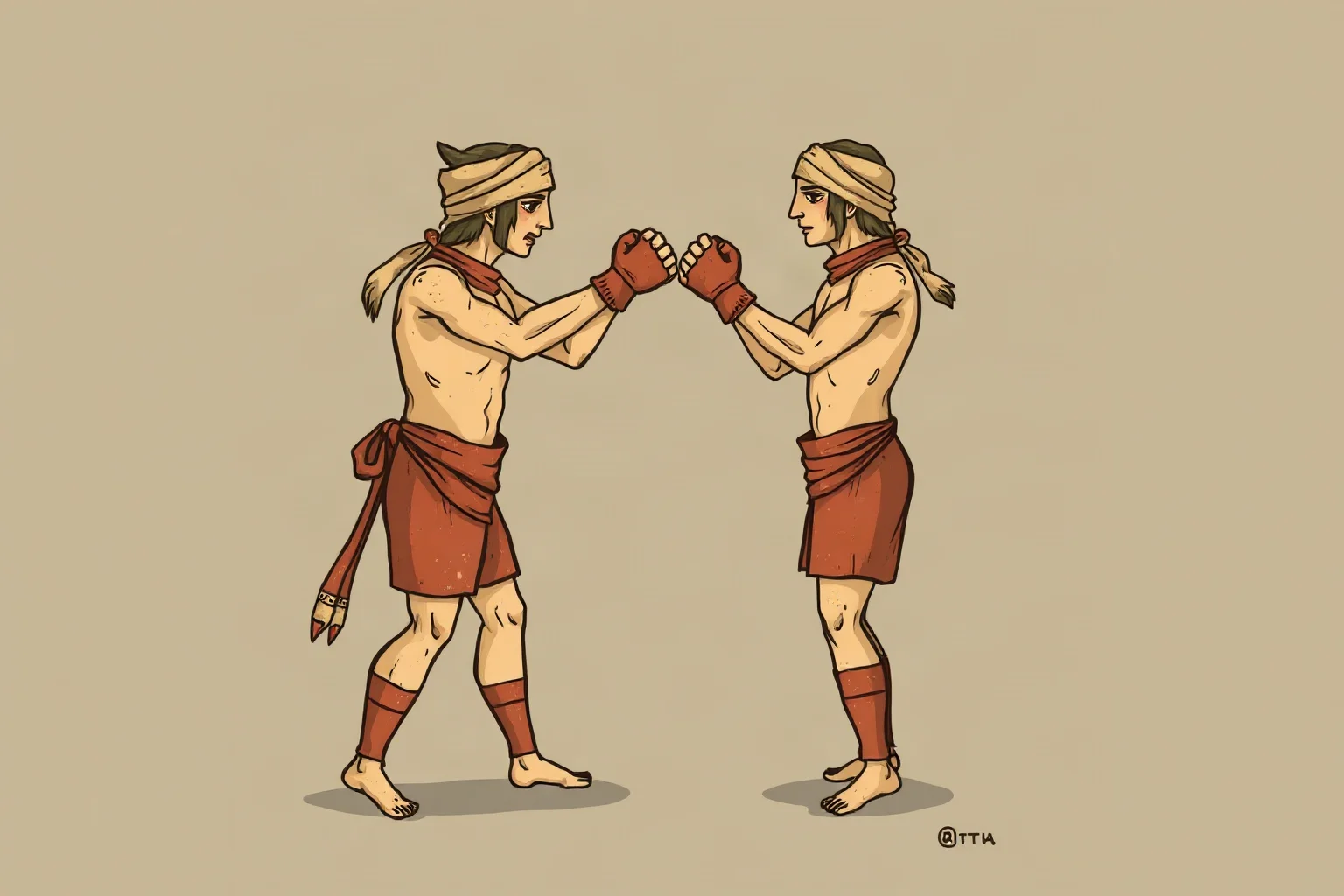 Stylized ancient pottery-art illustration of two boxers with wrapped hands facing off