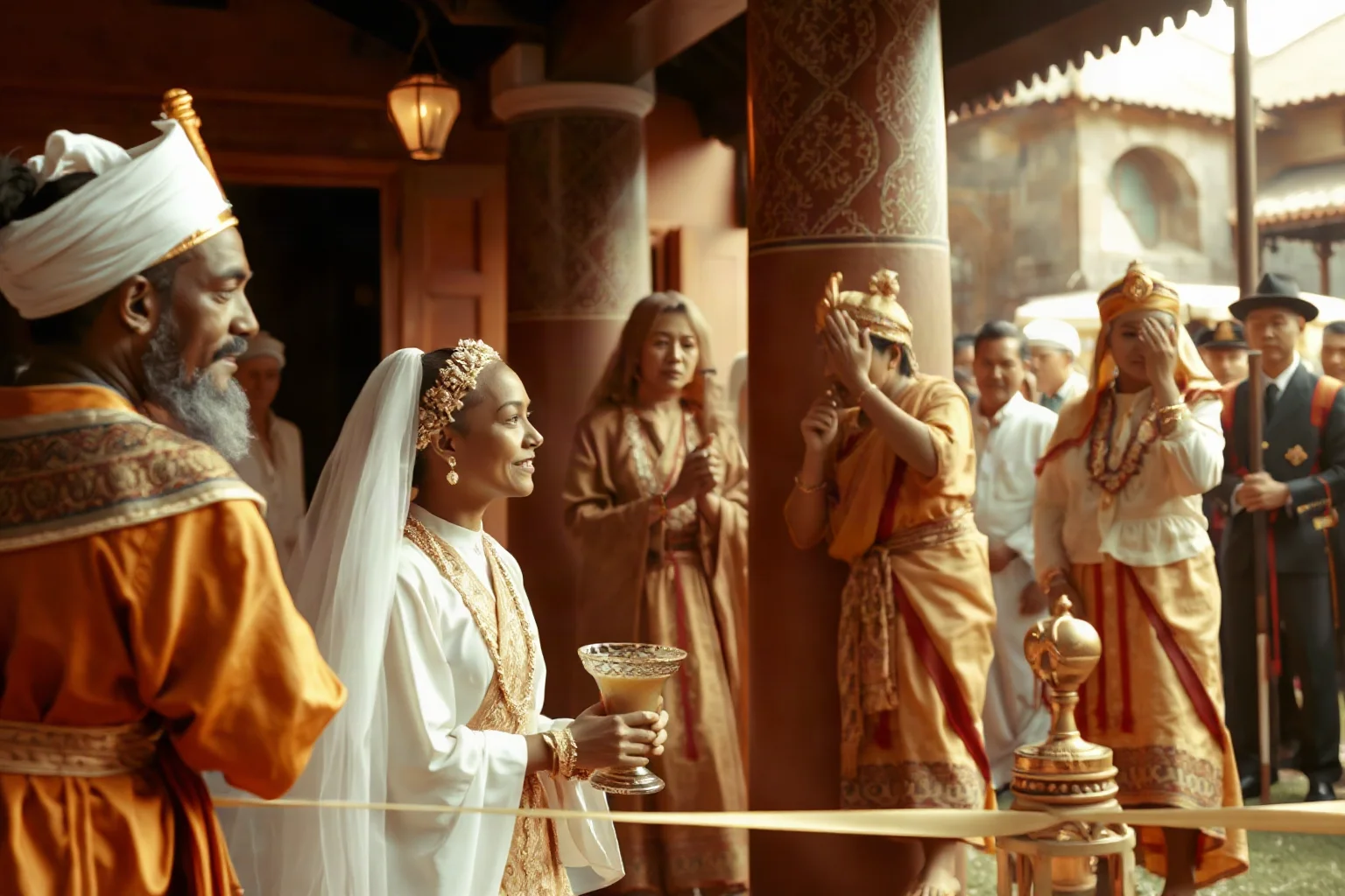 Stylized ancient wedding ritual scene with symbolic capture custom, muted historical tone