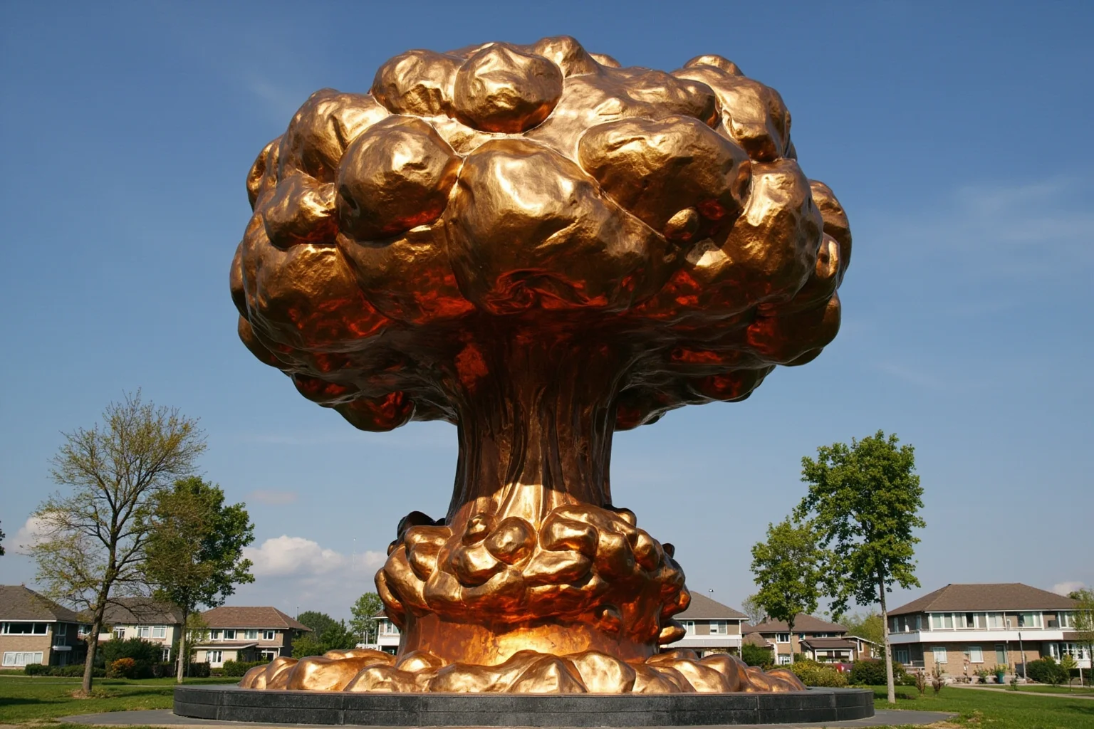 Stylized artistic image of a bronze sculpture resembling a nuclear blast cloud frozen in metal