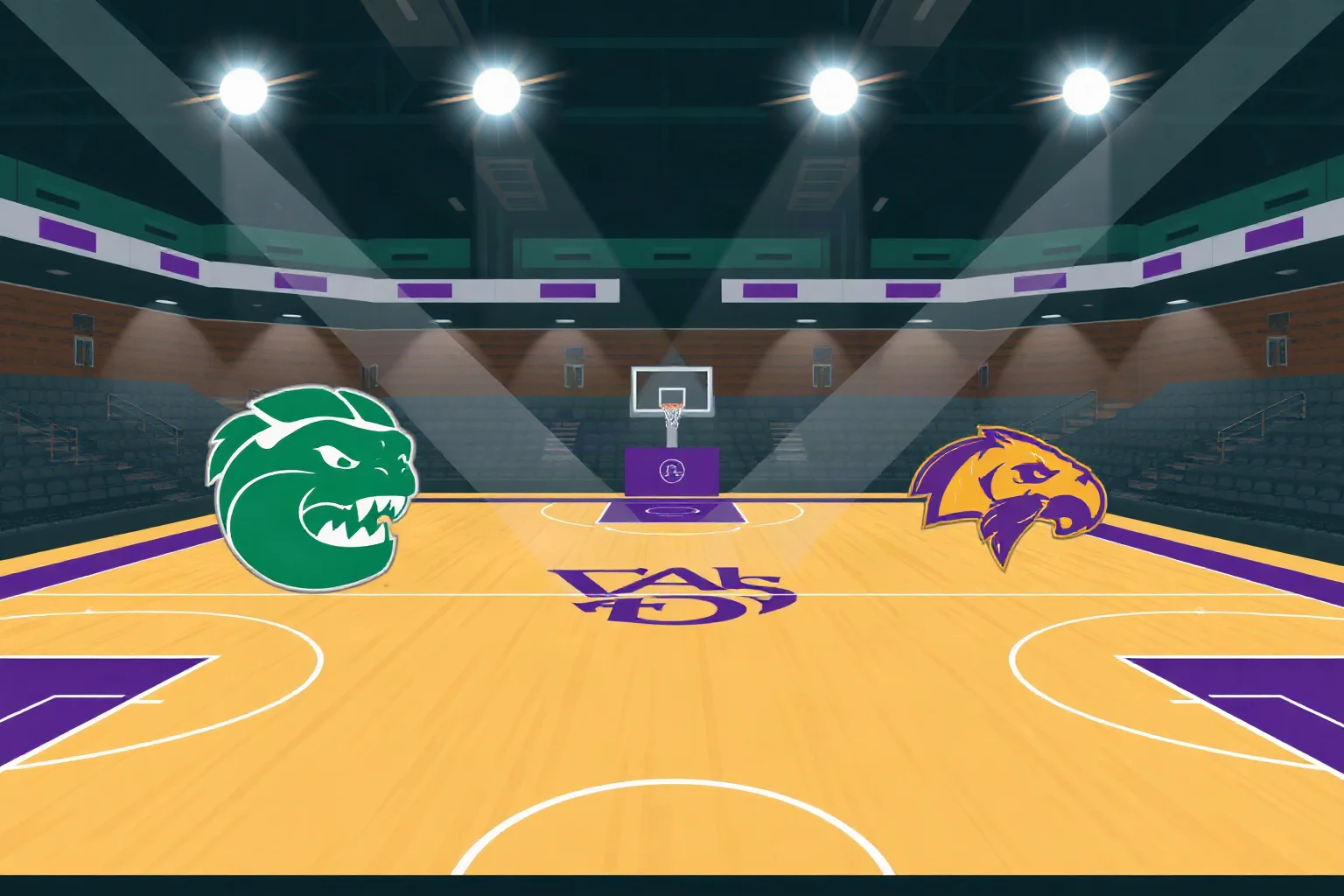 Stylized basketball arena with green and purple/gold color motifs facing off, no visible logos, illustrative