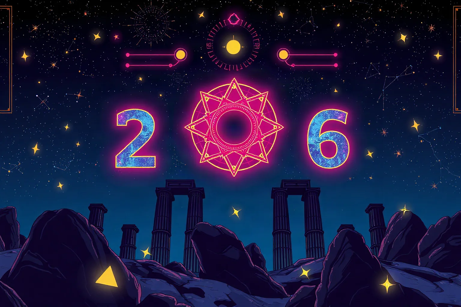 Stylized cosmic illustration of glowing numbers and geometric constellations above ancient columns