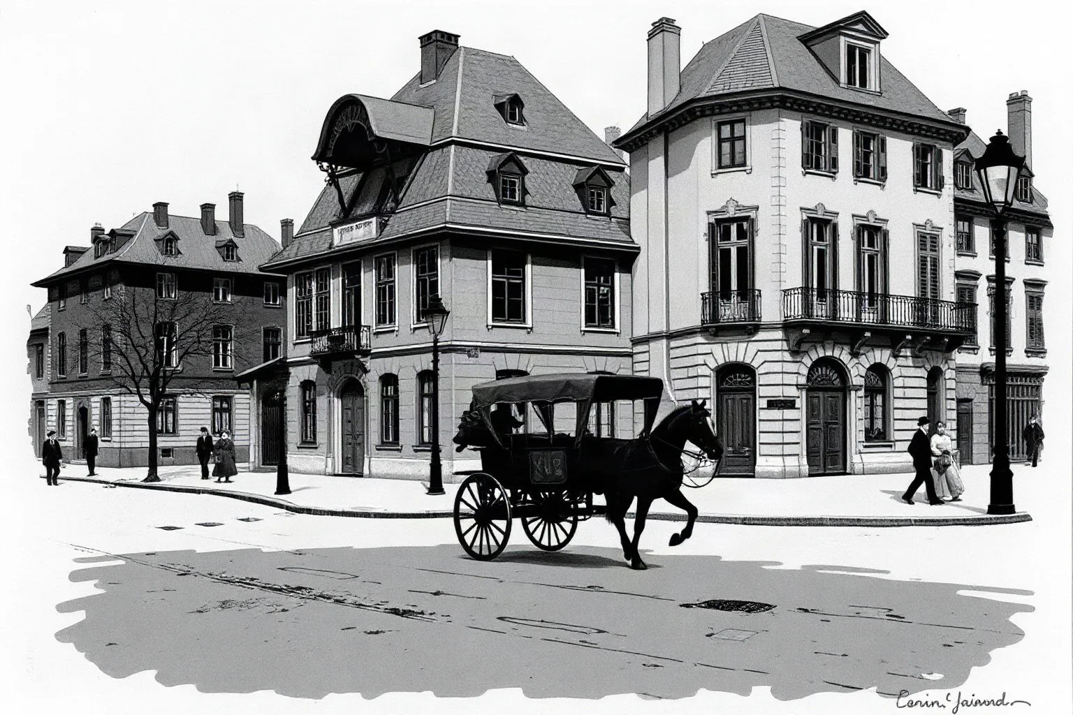 Stylized historical illustration of an old European city street corner in 1914 with a horse-drawn carriage, evoking pre-war tension