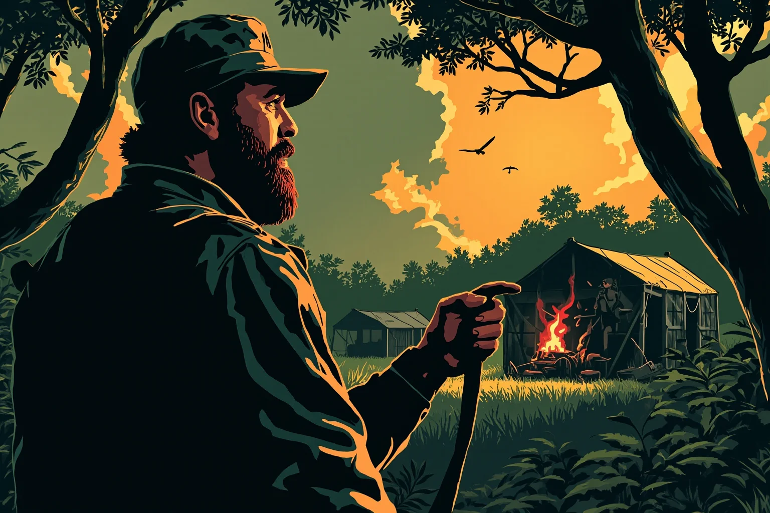 History's Greatest Rebels That Challenged the Status Quo 13 Stylized illustration of a bearded revolutionary in fatigues addressing a jungle guerrilla camp, non-photorealistic silhouette style