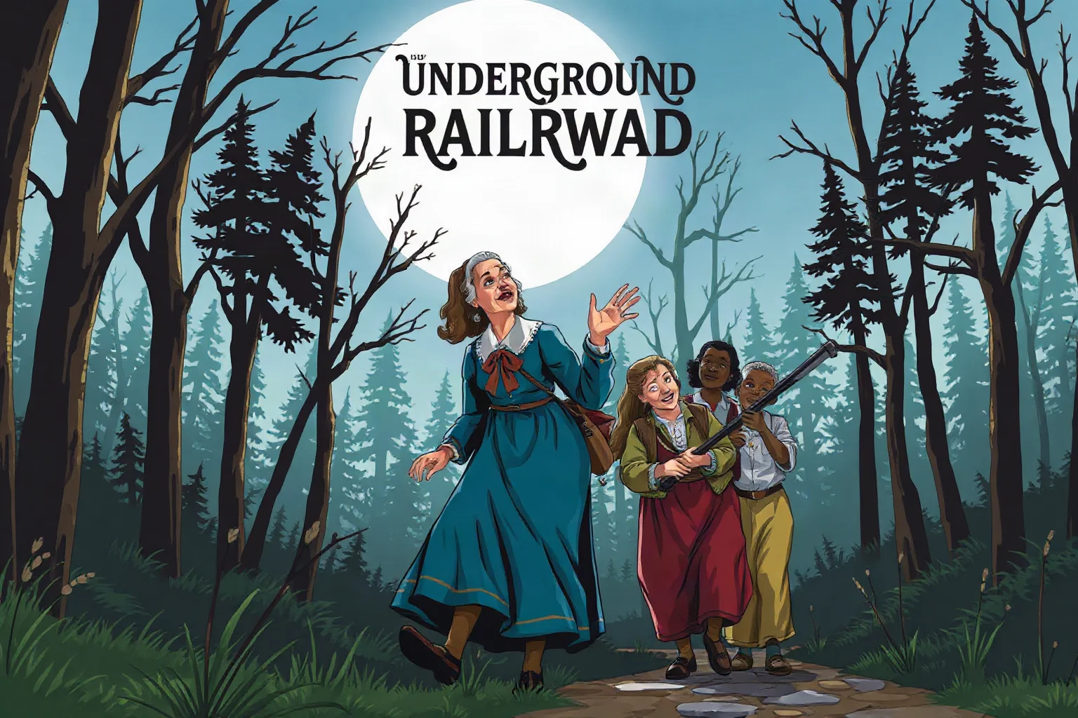 Stylized illustration of a determined woman in period clothing leading a small group through a moonlit forest, evoking the Underground Railroad