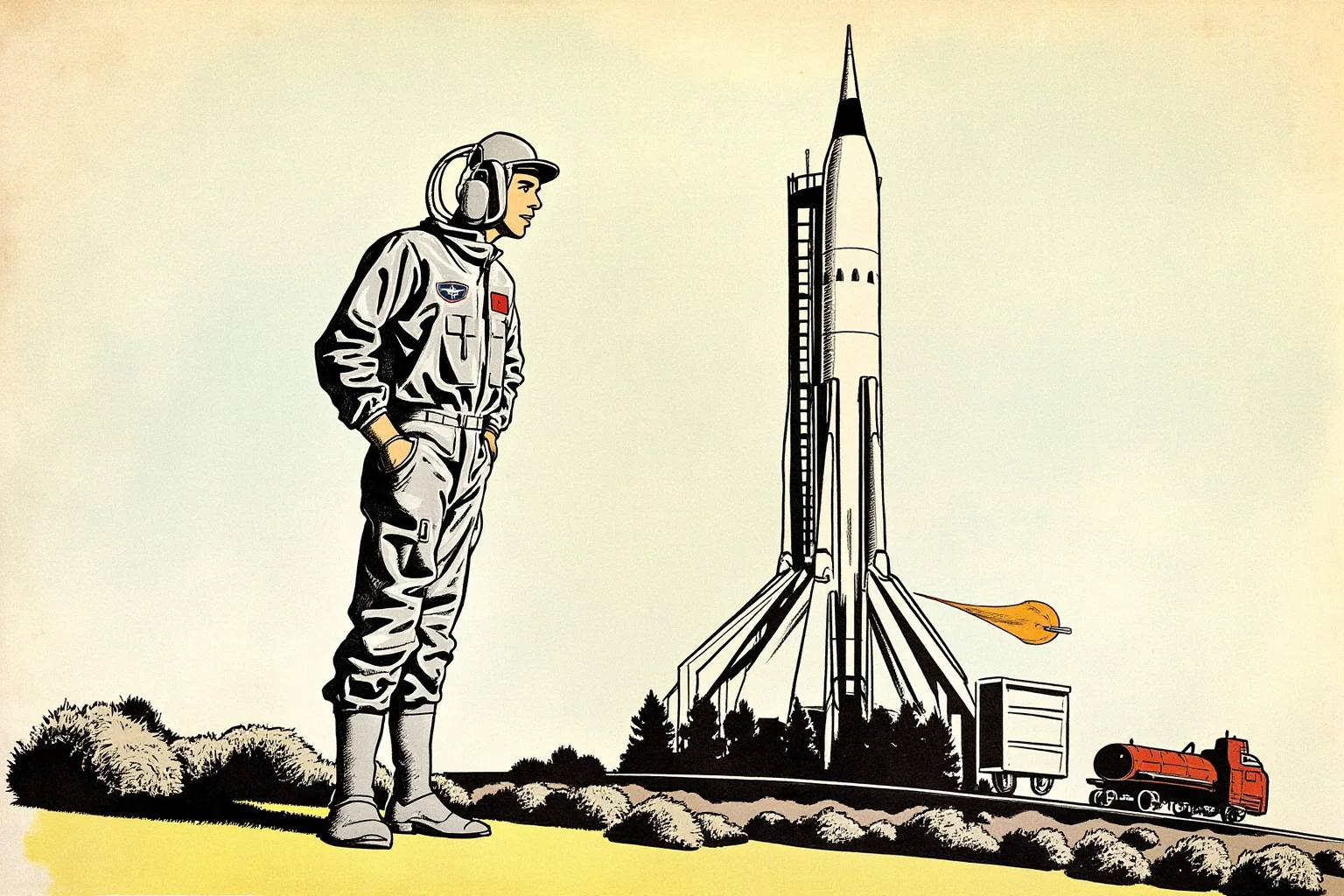 Facts About The Space Race: 25 Things Everyone Gets Wrong (or Right) 6 Stylized illustration of a generic cosmonaut in a vintage silver space suit standing beside a tall rocket on a launch pad