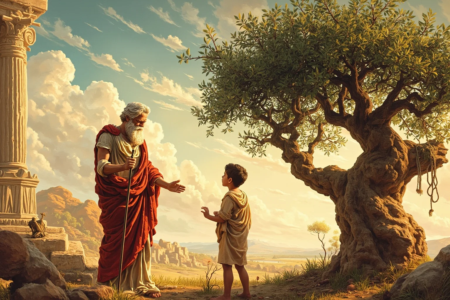 It's In The Name: Why Alexander The Great Is Considered History's Greatest General 3 Stylized illustration of a Greek philosopher teaching a young student under an olive tree, ancient academy setting