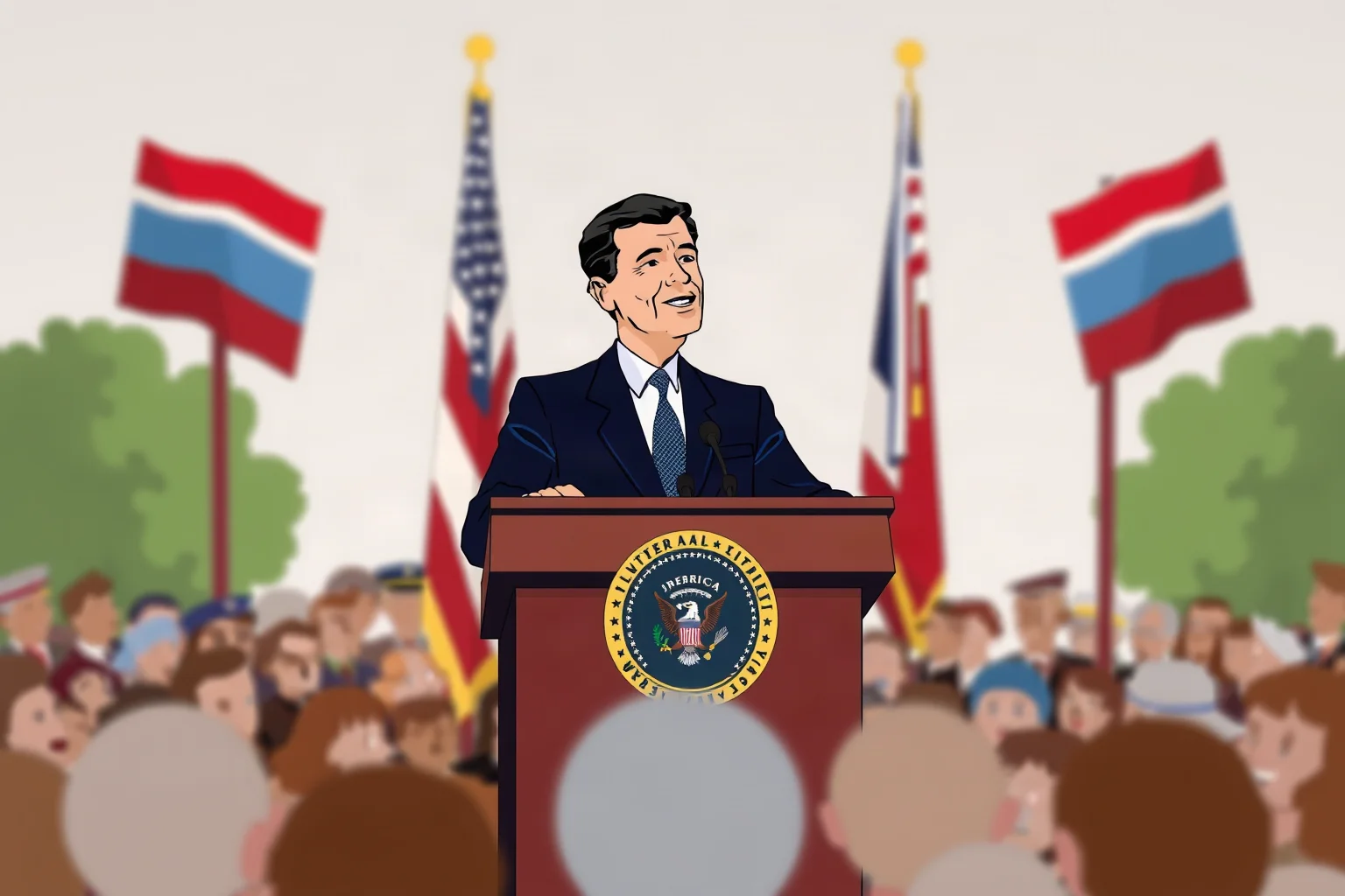 Stylized illustration of a mid-century American president at a podium with flags and a crowd in soft focus