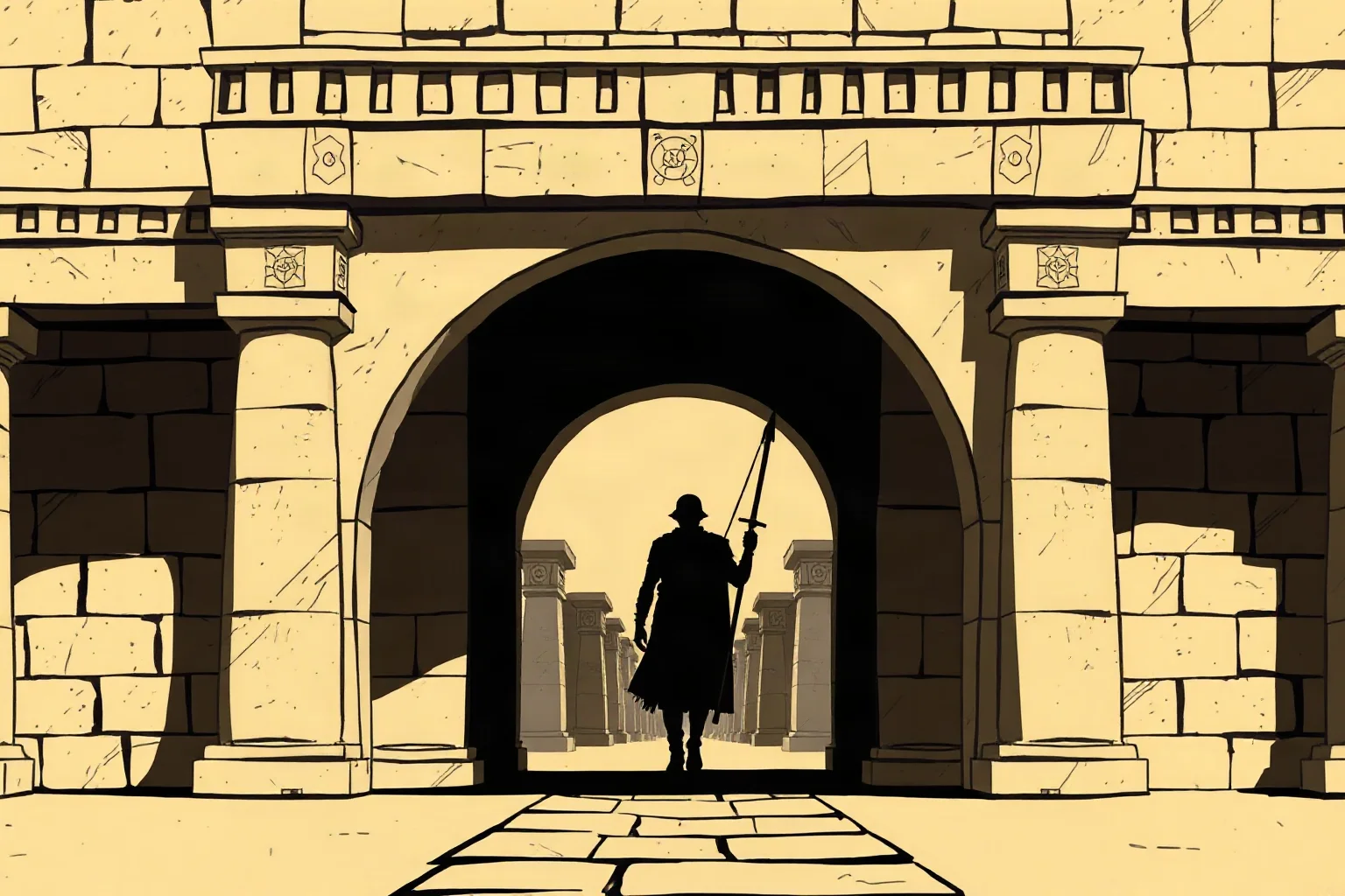 Stylized illustration of a Mycenaean palace gate with a shadowy figure returning from war, evoking Agamemnon