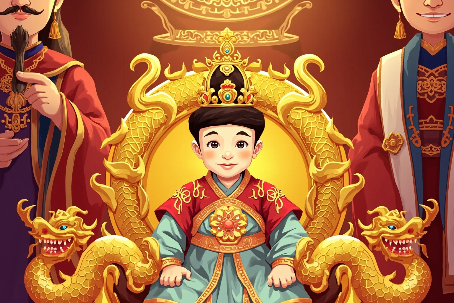 10 of History's Most 'Impactful' Leaders Who Actually Did Almost Nothing 4 Stylized illustration of a small child in ornate imperial Chinese robes sitting on a large golden dragon throne inside the Forbidden City, flanked by tall palace officials