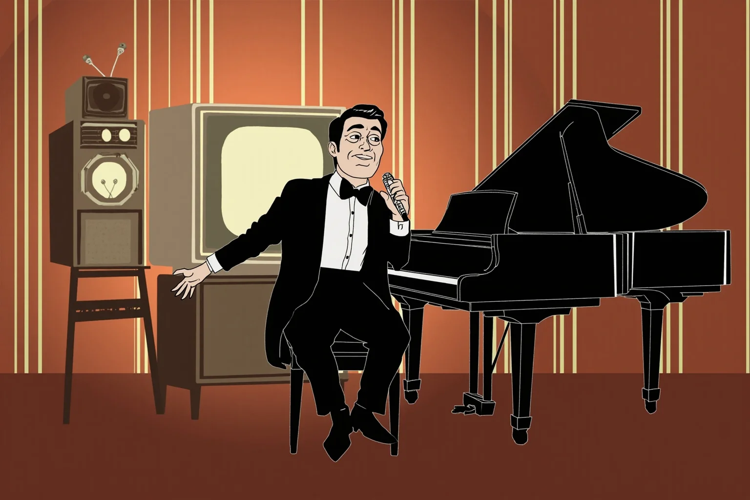 Stylized illustration of a smooth-voiced 1950s pop singer performing beside a piano in a retro television studio