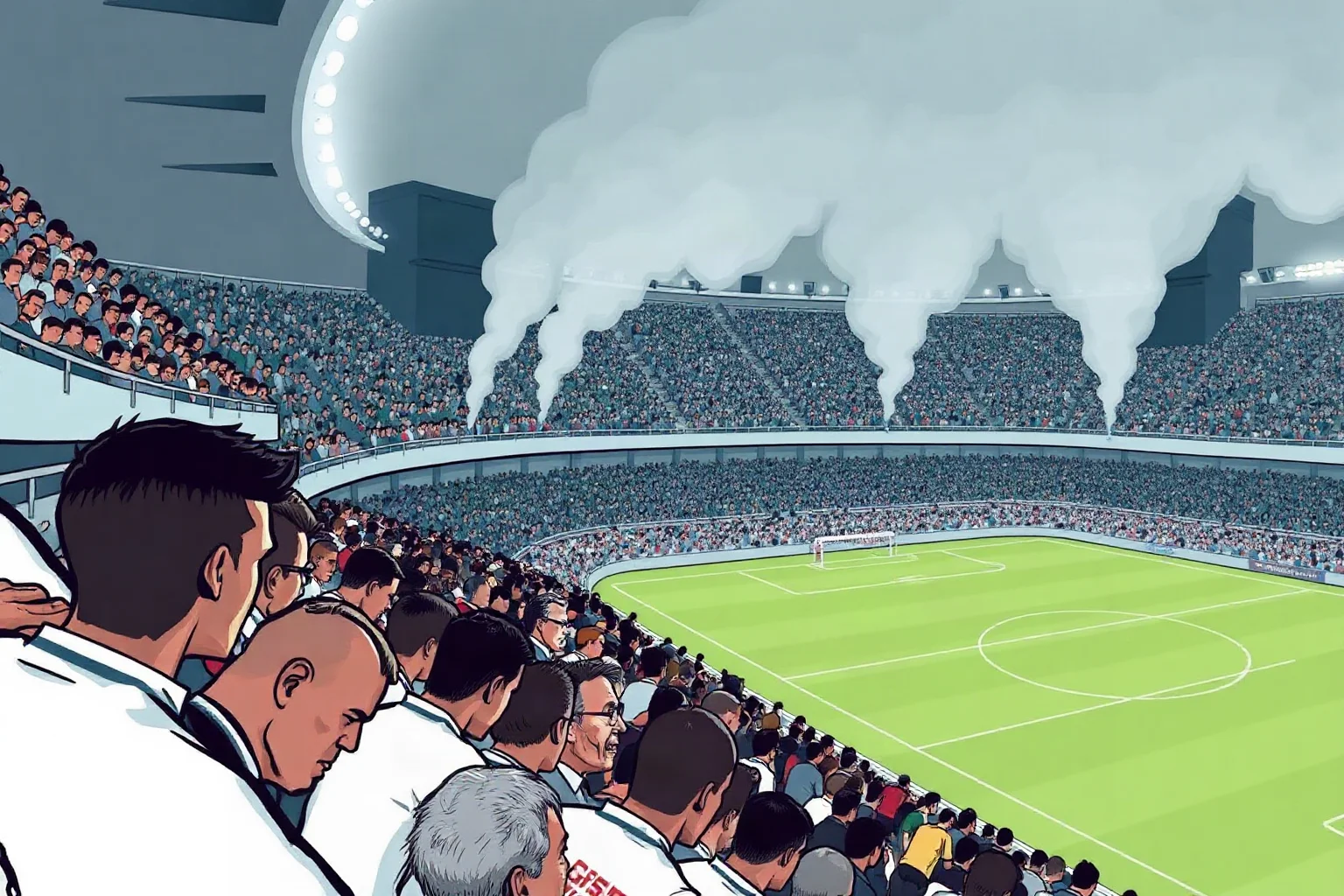 Stylized illustration of a tense soccer stadium crowd, no real logos or identifiable people