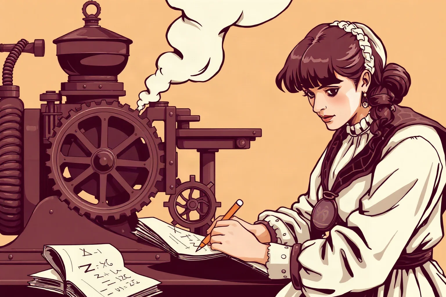 Stylized illustration of a Victorian-era woman writing mathematical notes beside a mechanical engine