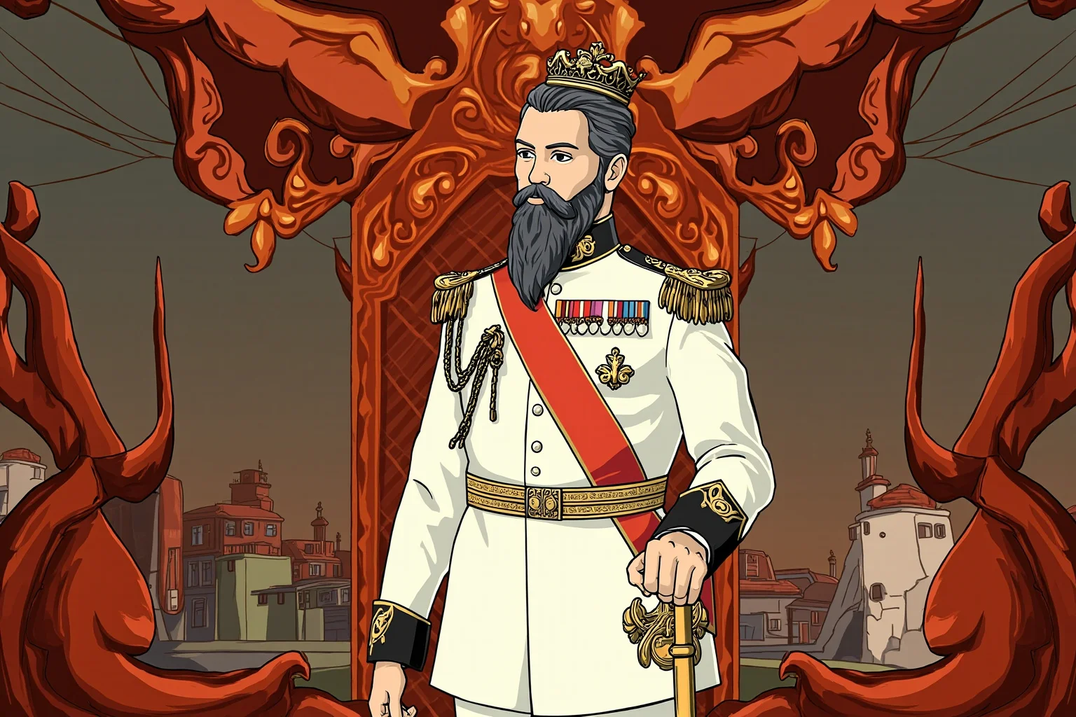 10 of History's Most 'Impactful' Leaders Who Actually Did Almost Nothing 8 Stylized illustration of an early 20th-century king in a white military-style uniform and sash standing amid lavish palace decor, symbolic non-photorealistic art style