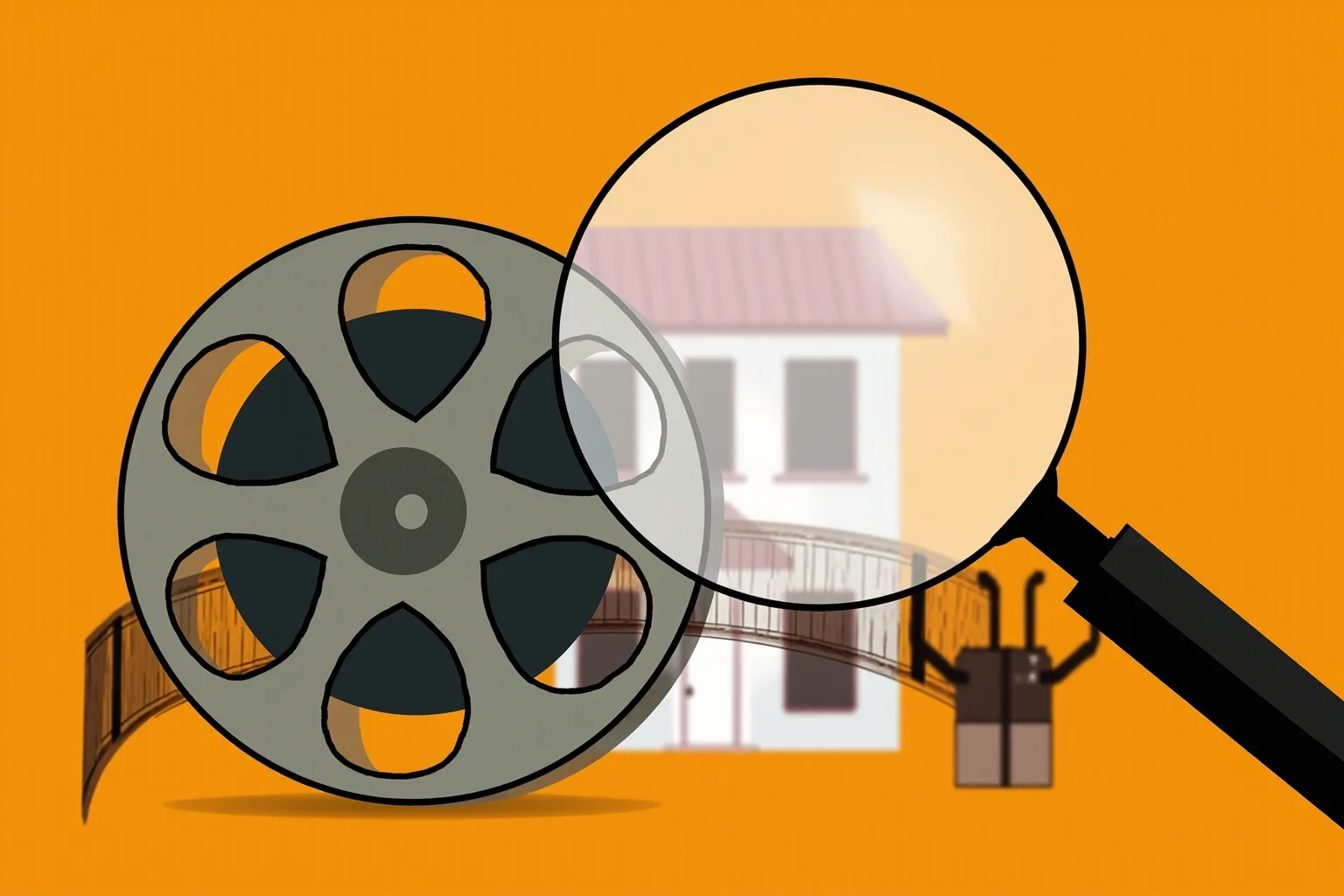 Walt Disney: 10 Controversies That Haunt Him & 10 Ways He Changed the World 4 Stylized illustration of an old film reel and a magnifying glass over a blurred studio building, symbolizing historical scrutiny