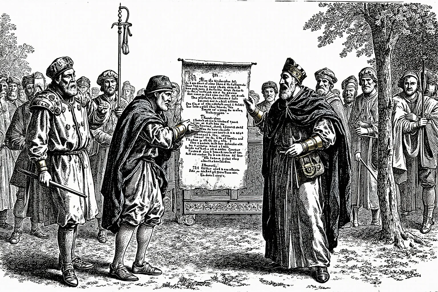 25 Most Memorable Dates in History (And Why They Still Matter) 5 Stylized illustration of medieval English barons and a king exchanging a sealed parchment document outdoors