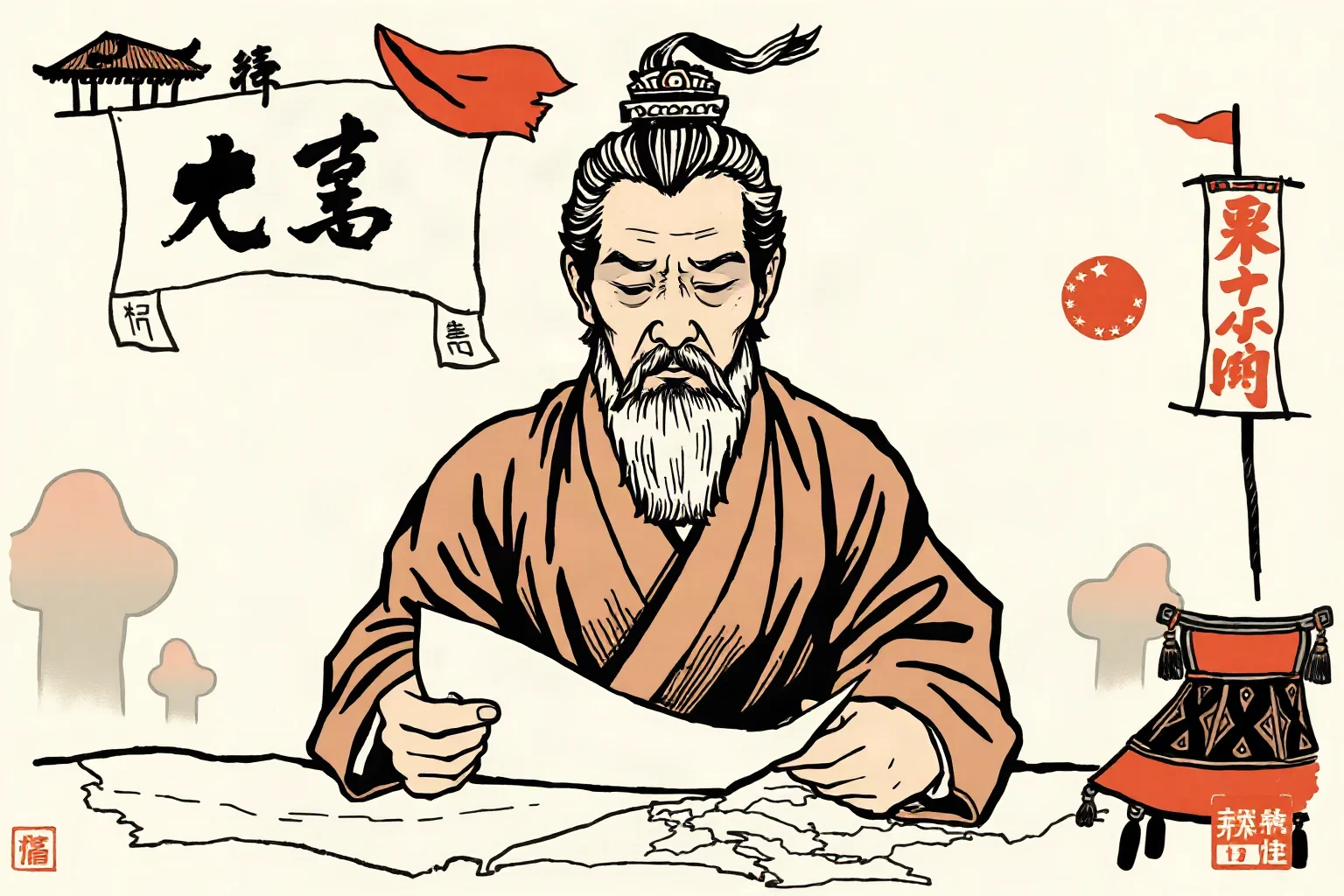 Stylized ink illustration of an ancient Chinese strategist studying a map with military banners in the background