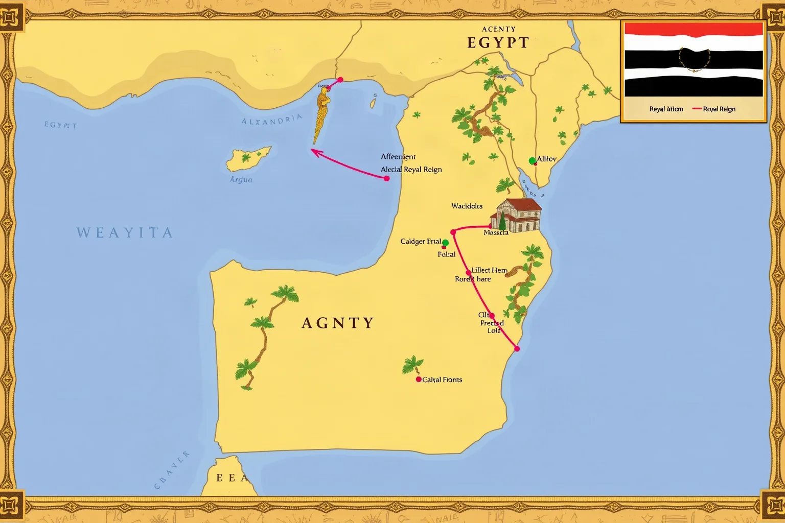 Stylized map of ancient Egypt and Alexandria showing the span of a long royal reign, illustrated historical map style