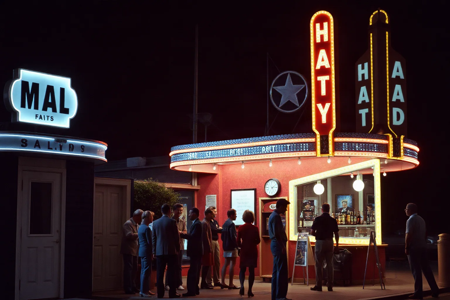 Stylized night scene outside a small city bar with a gathering crowd, late 1960s aesthetic