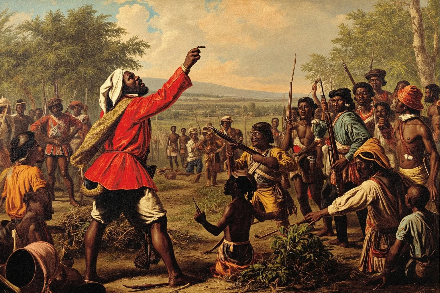 History's Greatest Rebels That Challenged the Status Quo 9 Stylized painting of a Caribbean revolutionary leader addressing formerly enslaved fighters on a tropical plantation battlefield