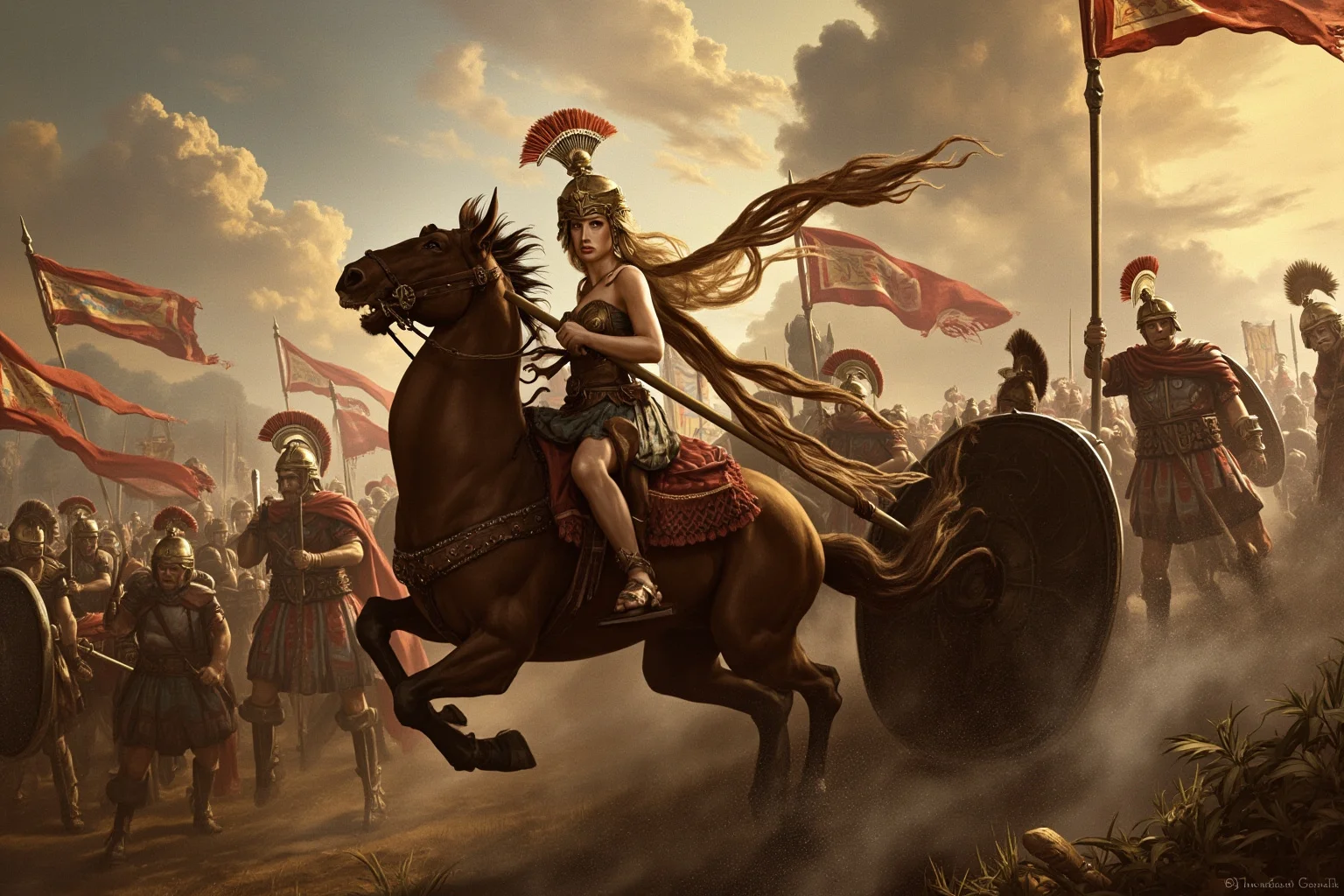 History's Greatest Rebels That Challenged the Status Quo 4 Stylized painting of a Celtic warrior queen leading chariots and fighters against Roman soldiers in a smoke-filled British landscape