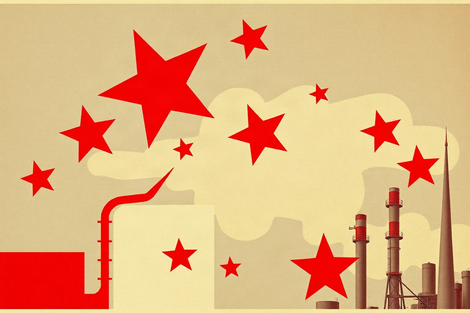 Stylized Soviet-era propaganda poster aesthetic with red stars and factory silhouettes, muted red and grey palette