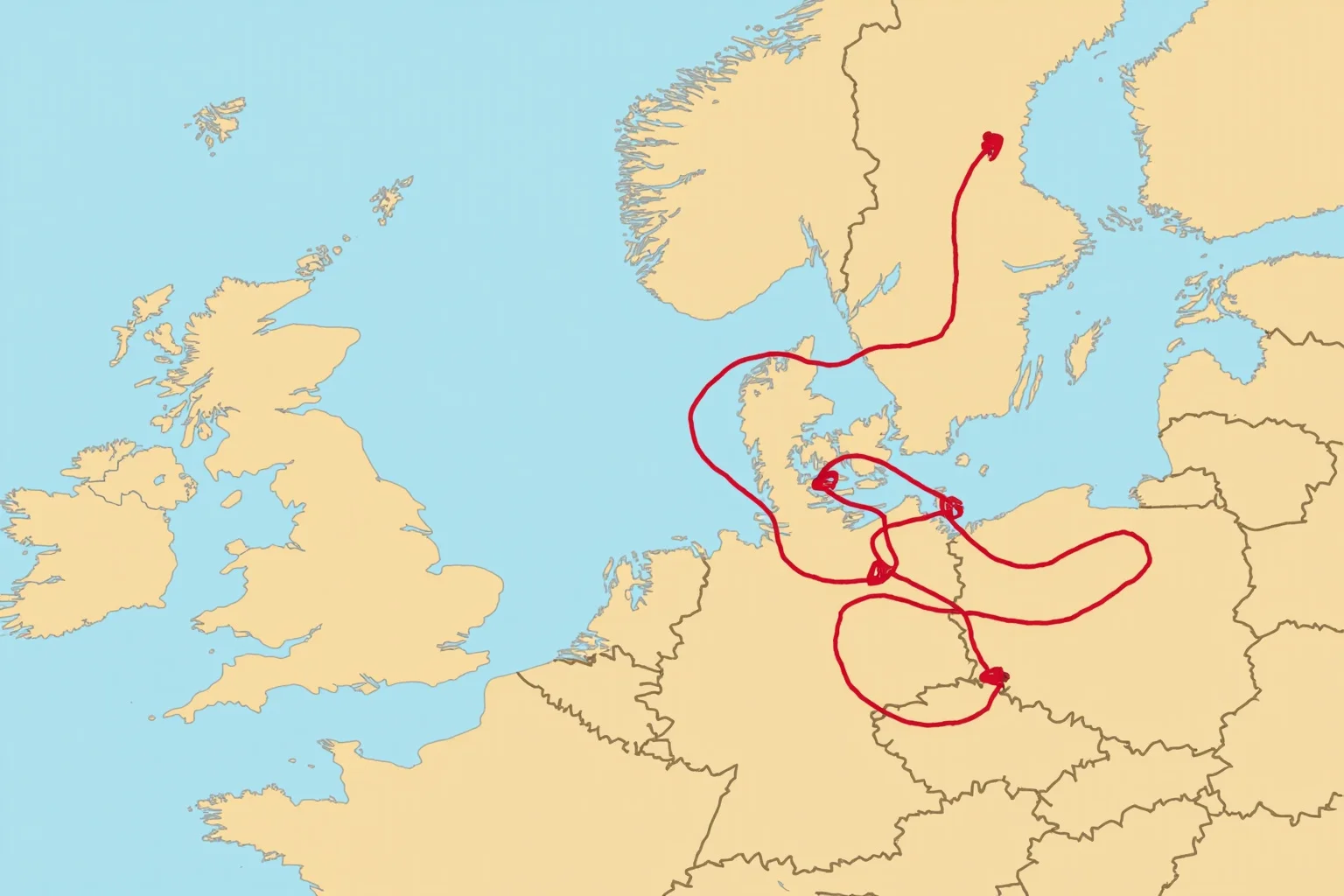 Stylized world map highlighting Northern and Western Europe with subtle red hair strand icons