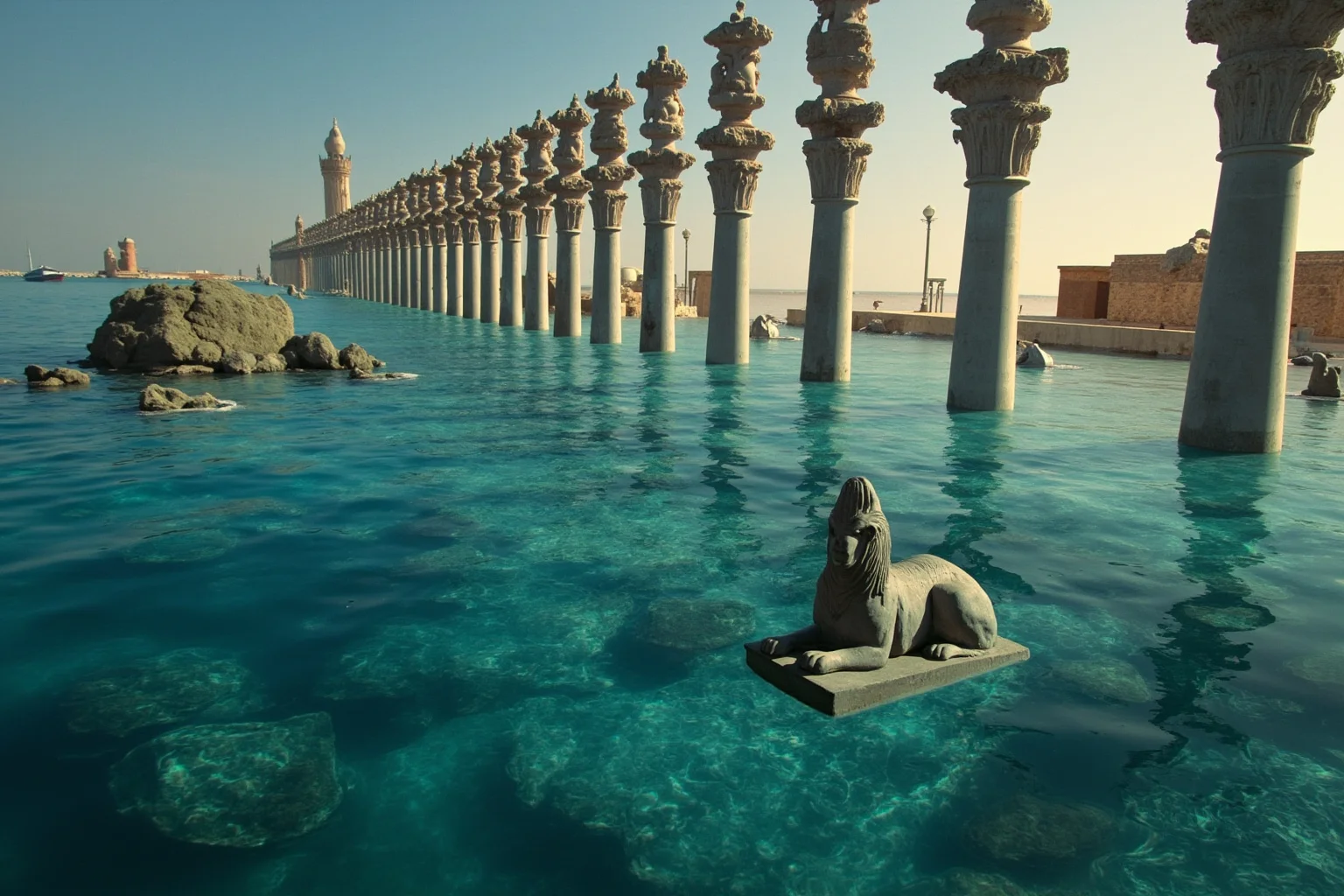 22 Coolest Underwater Discoveries Made Throughout History 4 Submerged columns and sphinx statues in a harbor, representing a drowned ancient royal palace