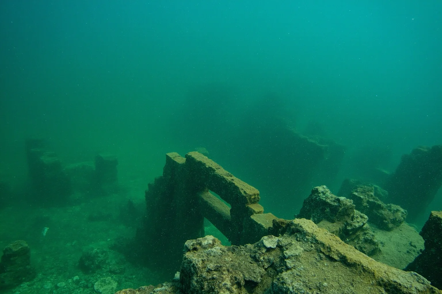 22 Coolest Underwater Discoveries Made Throughout History 19 Submerged stone ruins and structures beneath greenish ocean water off a South Asian coastline