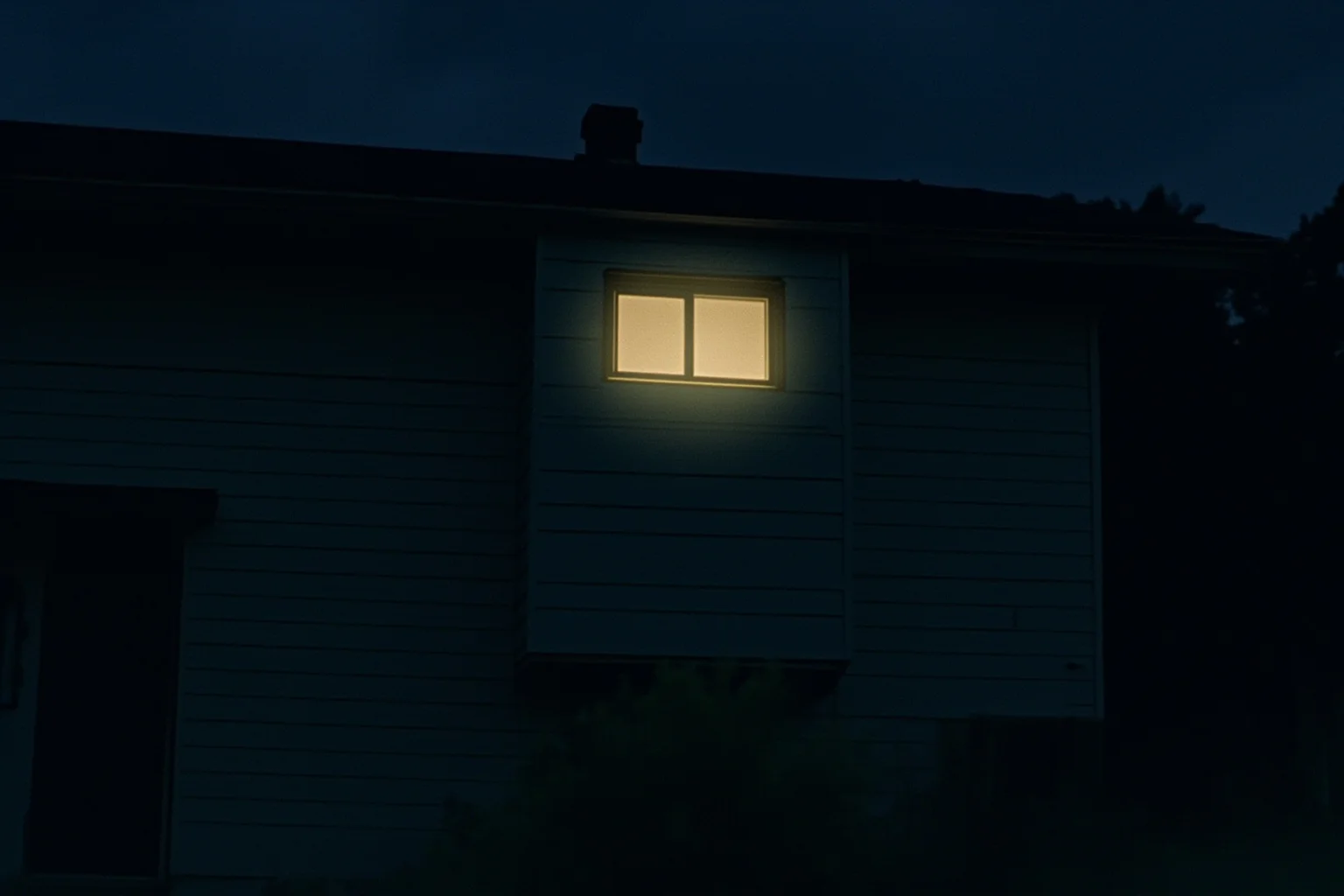 Suburban 1970s American house exterior at night with a single lit upstairs window, muted illustration