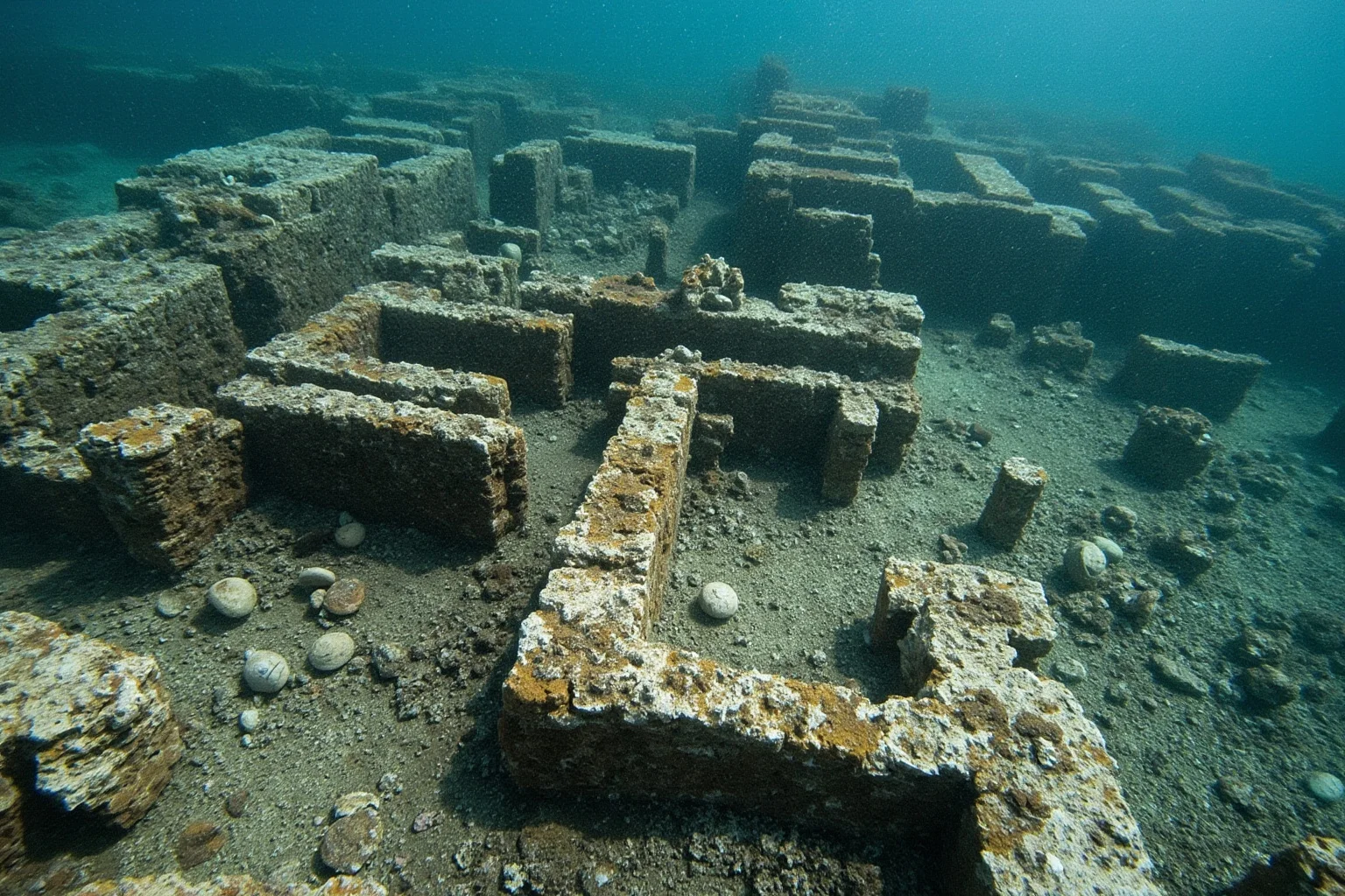22 Coolest Underwater Discoveries Made Throughout History 8 Sunken 17th-century harbor town with old building foundations and pottery scattered on the seabed