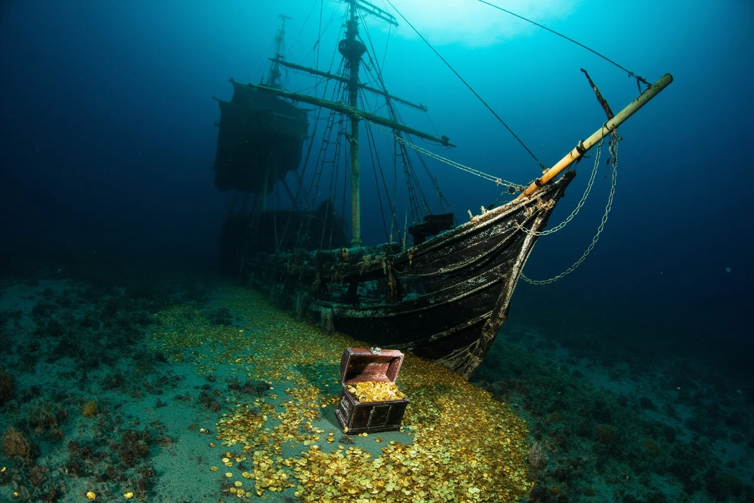 22 Coolest Underwater Discoveries Made Throughout History 15 Sunken Spanish galleon wreck with scattered gold coins and treasure chest on the ocean floor