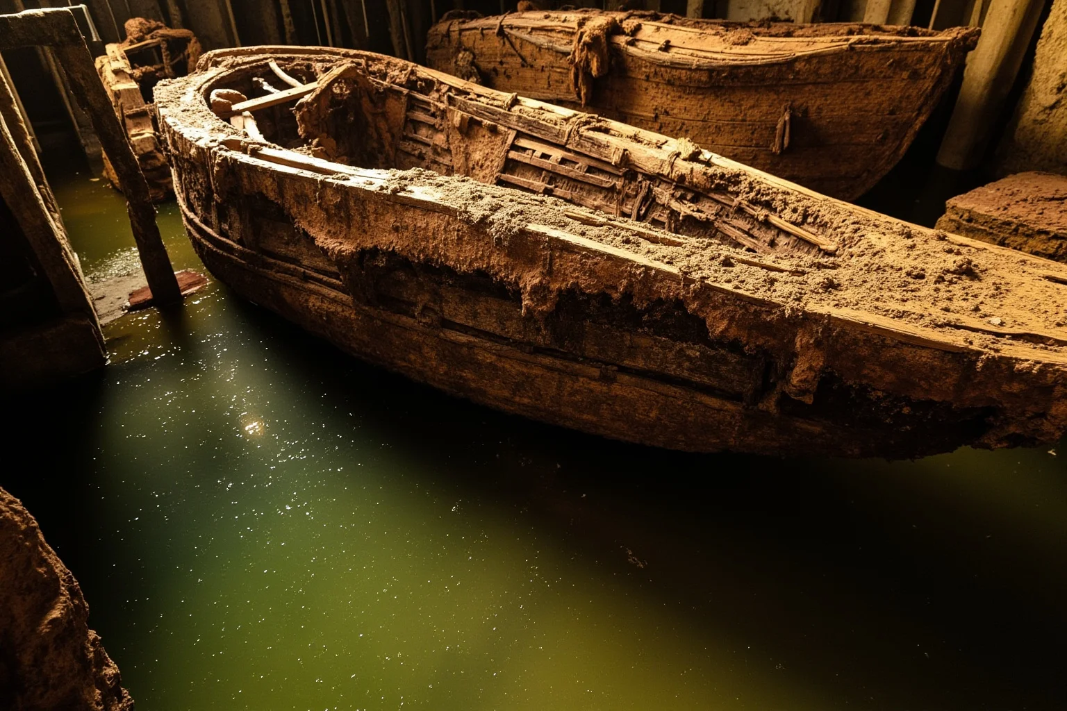 Sunken wooden ship hull encrusted with silt inside a museum conservation tank