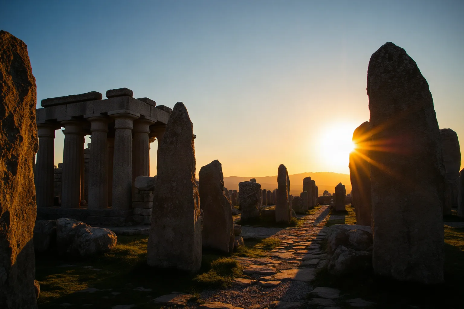 Sunlit prehistoric stone temple ruins with large upright stones aligned toward the horizon at sunset