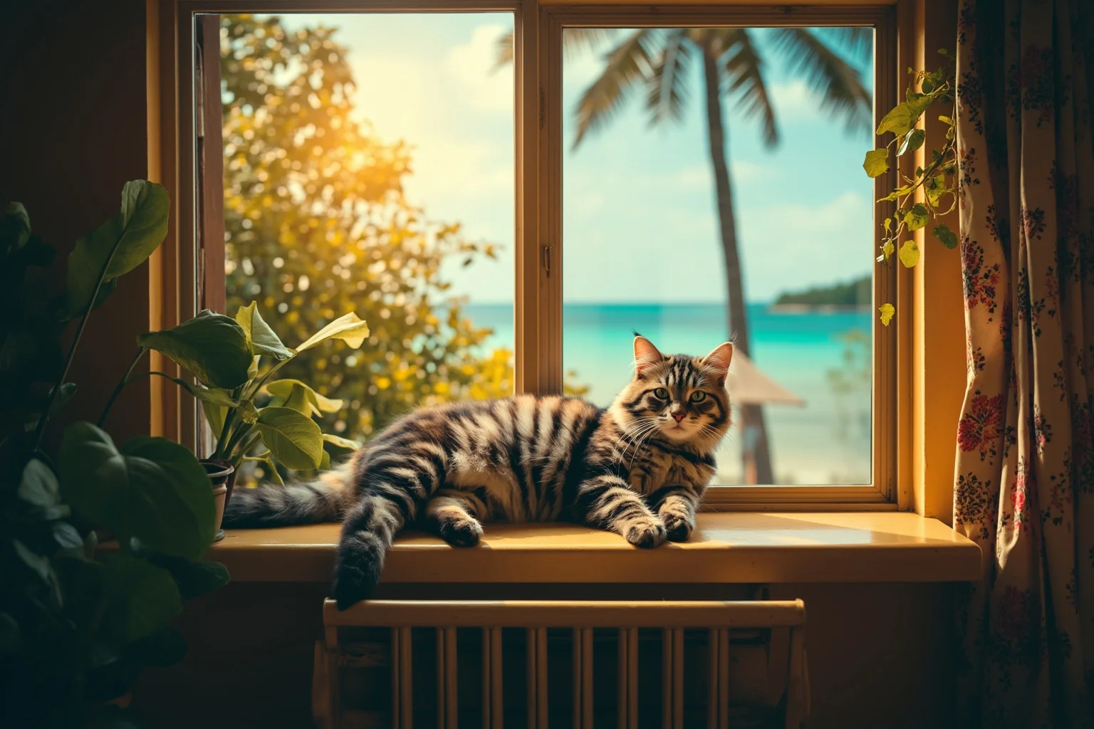 Sunlit tropical island house with a six-toed cat lounging on a windowsill, tropical plants outside