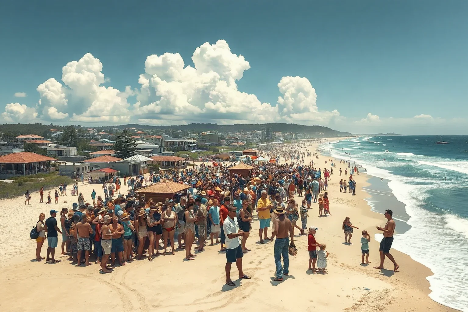Sunny beach scene with a large tense crowd gathered on sand, Australian coastal town, illustrative style