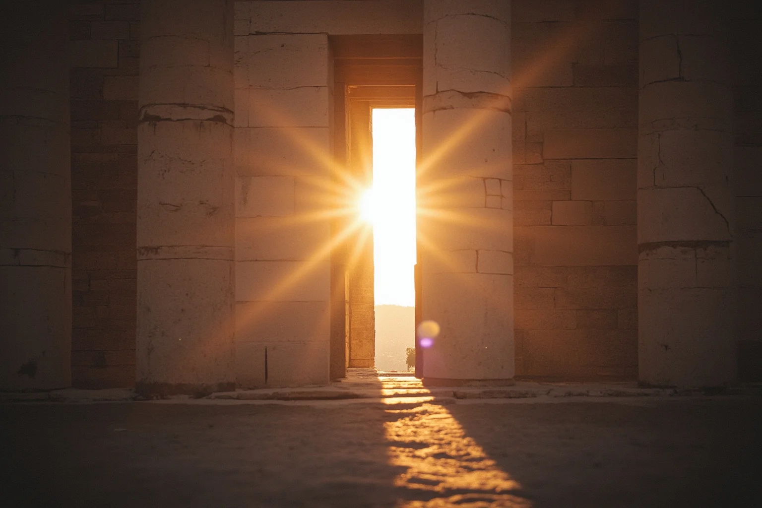 Sunrise light streaming directly through the entrance columns of an ancient Greek temple facing east